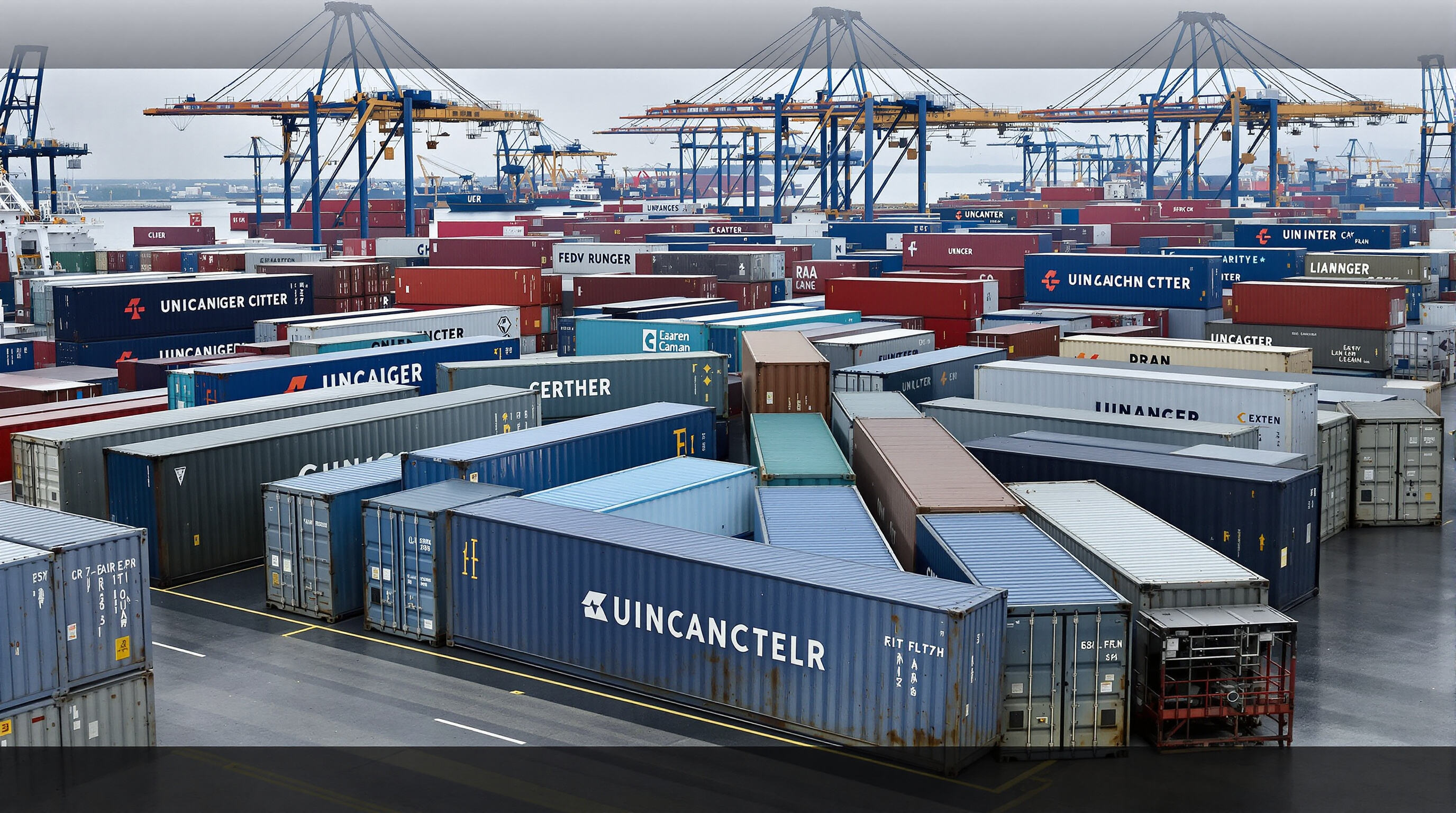 Photorealistic dock scene with assorted shipping containers and cargo types at a busy port