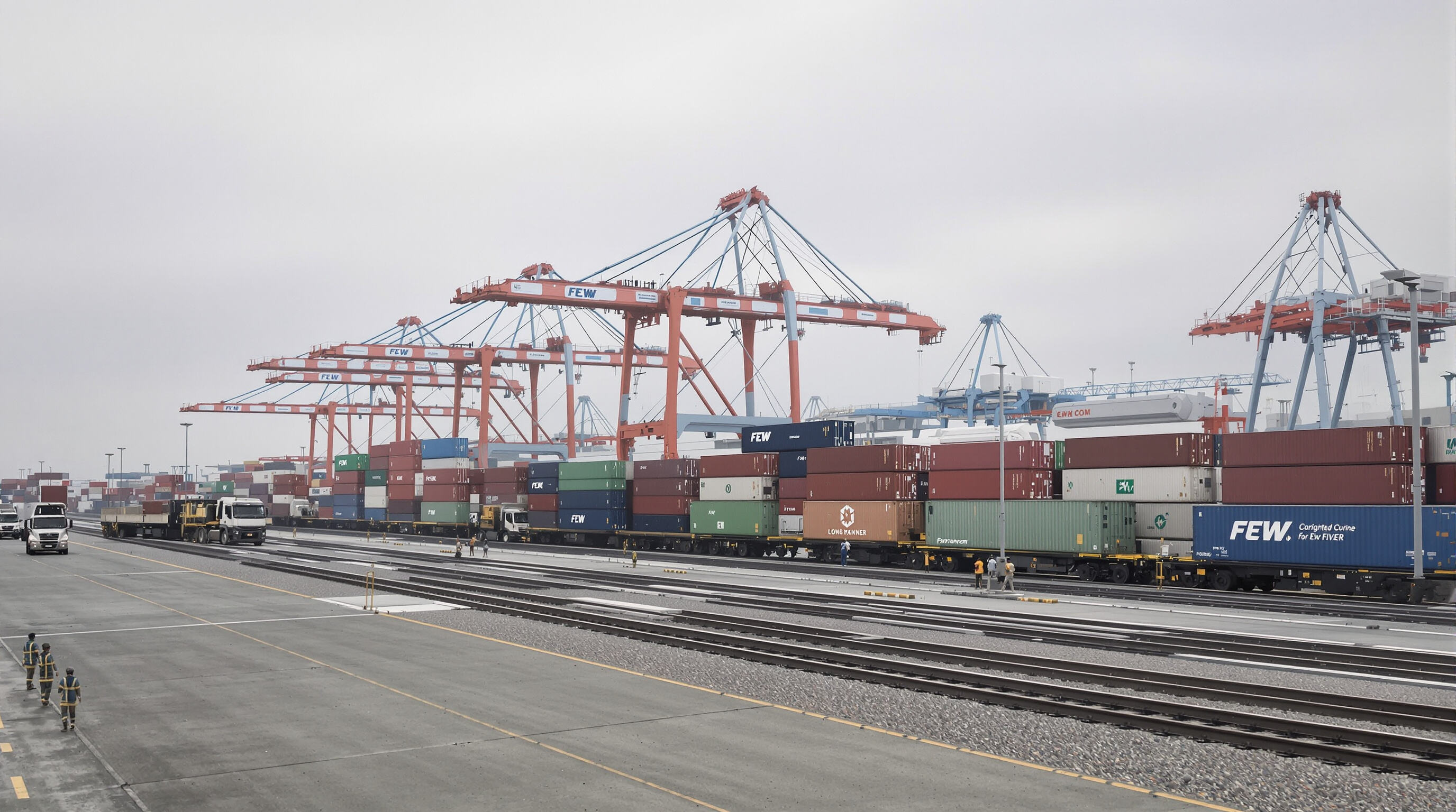 A freight train being loaded with containers at a seaport terminal as cranes operate, illustrating rail efficiency in cargo movement.