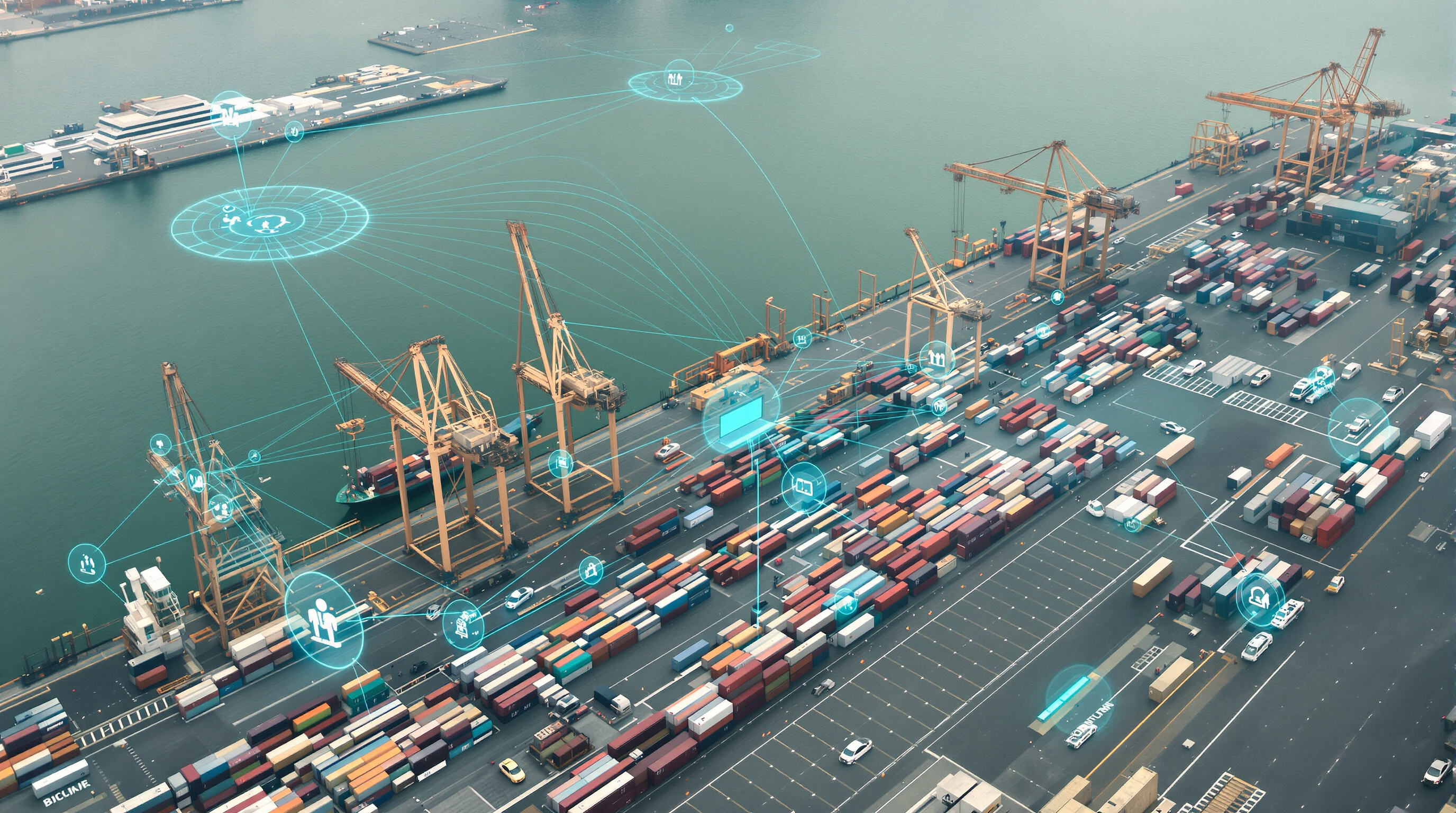 International port scene showing secure blockchain-based data connections among shipping stakeholders