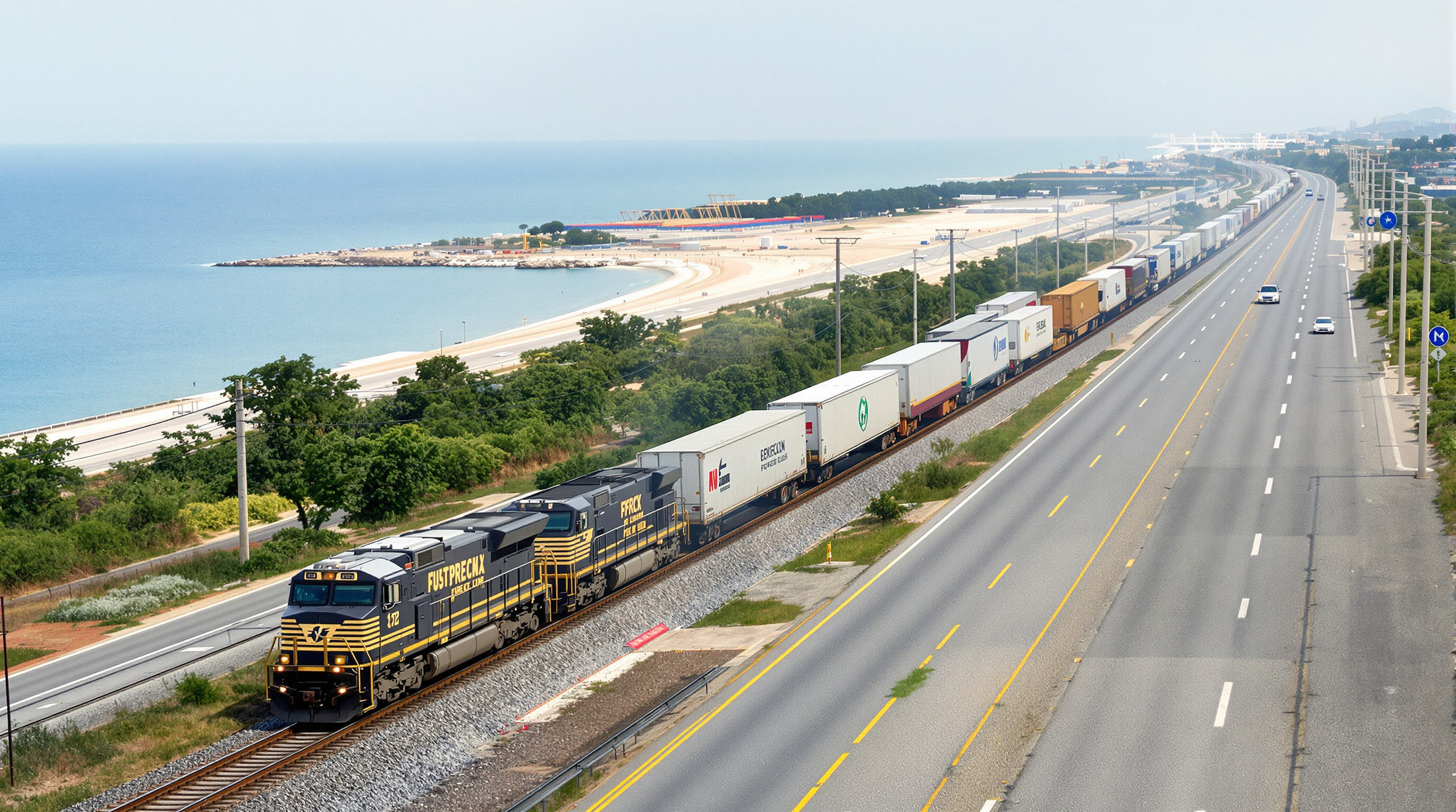 A freight train and multiple trucks running parallel across a coastal transport corridor, depicting reduced emissions and sustainability benefits.