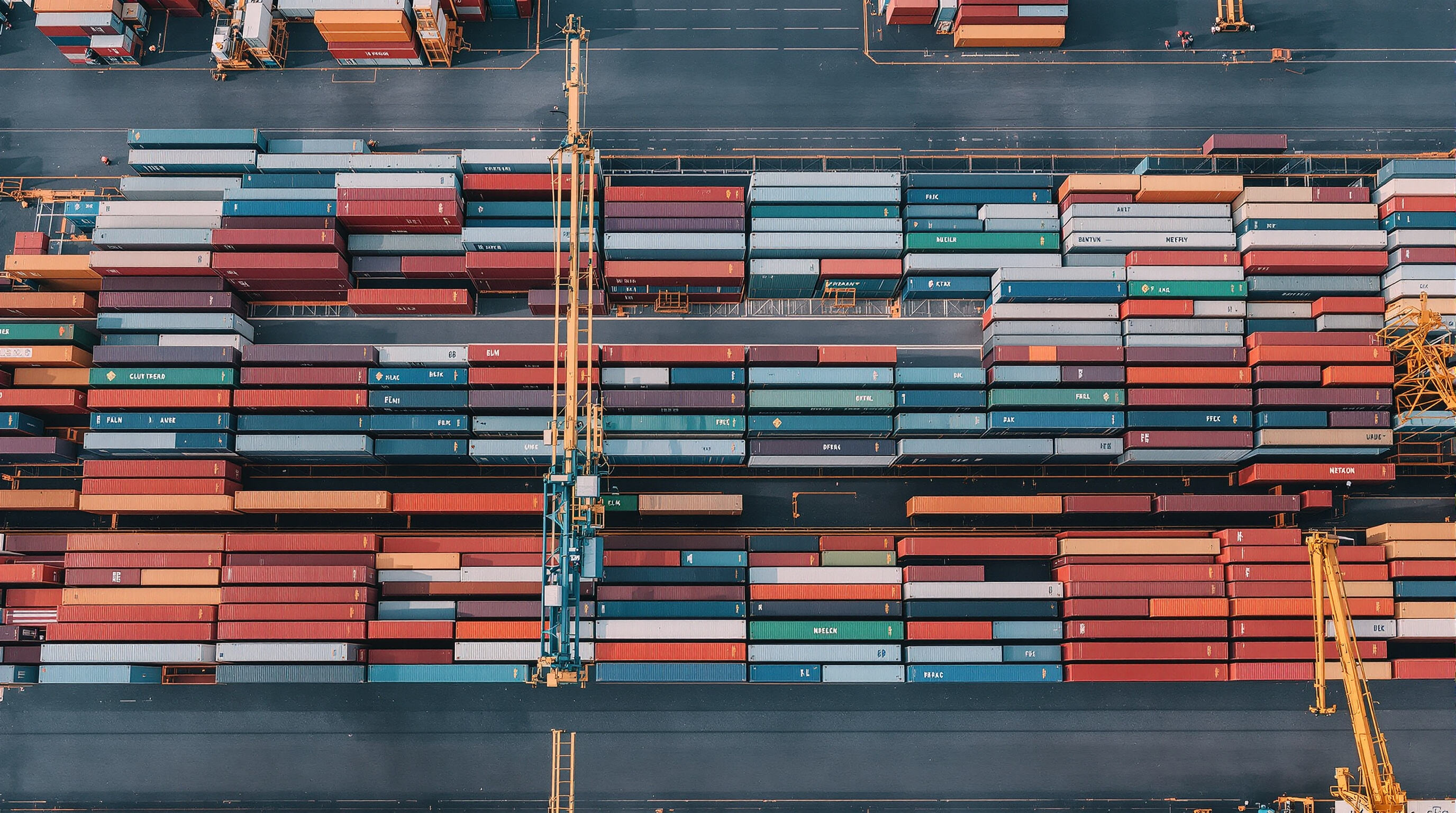 Aerial view of ship and yard with cranes and containers being loaded in orderly, balanced fashion