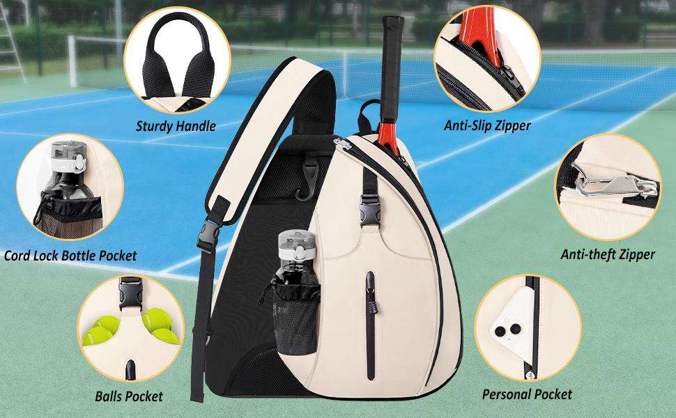 Customized Water-Resistant Polyester Tennis Sling Backpack Portable Crossbody Bag for Men Women Holds Tennis Badminton details