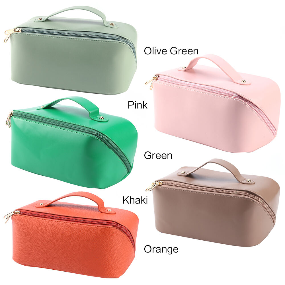 Travel Makeup Bag Large Capacity Women PU Cosmetic Organizer Waterproof Portable Open Flat Toiletry Bag details