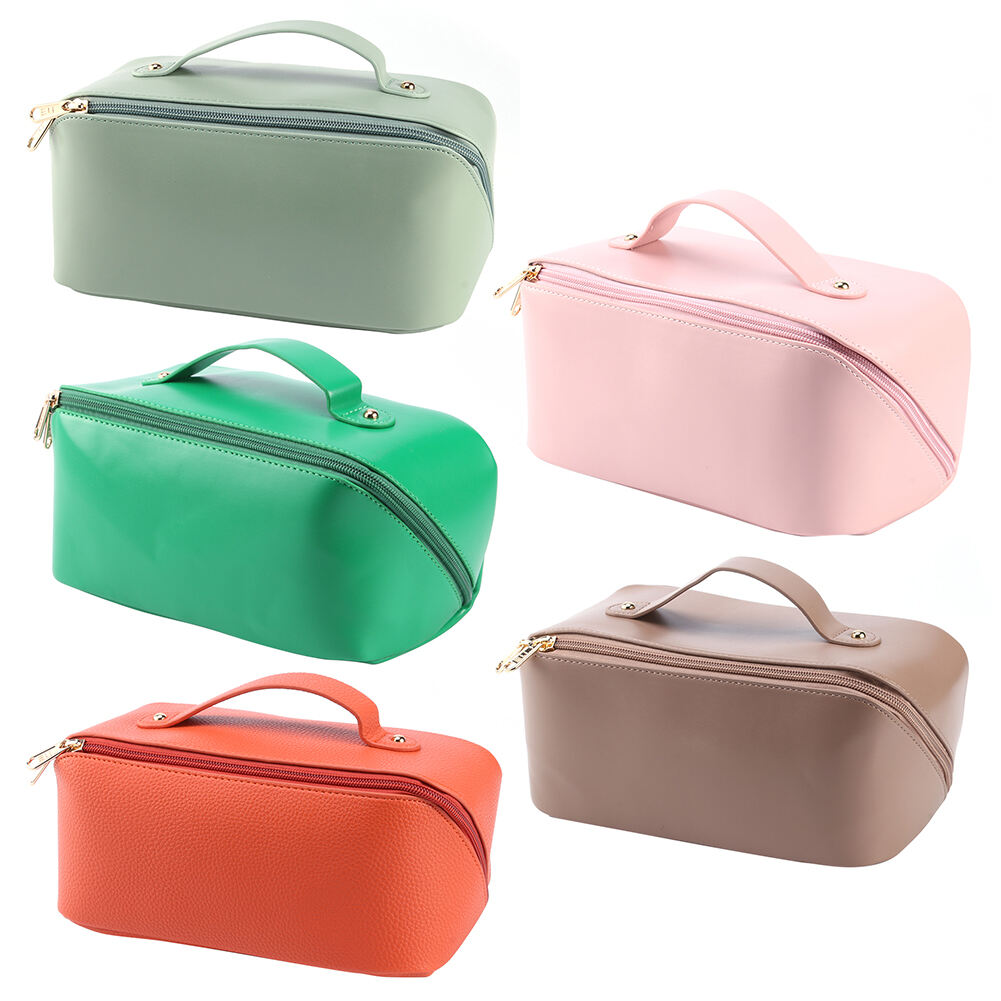 Travel Makeup Bag Large Capacity Women PU Cosmetic Organizer Waterproof Portable Open Flat Toiletry Bag details