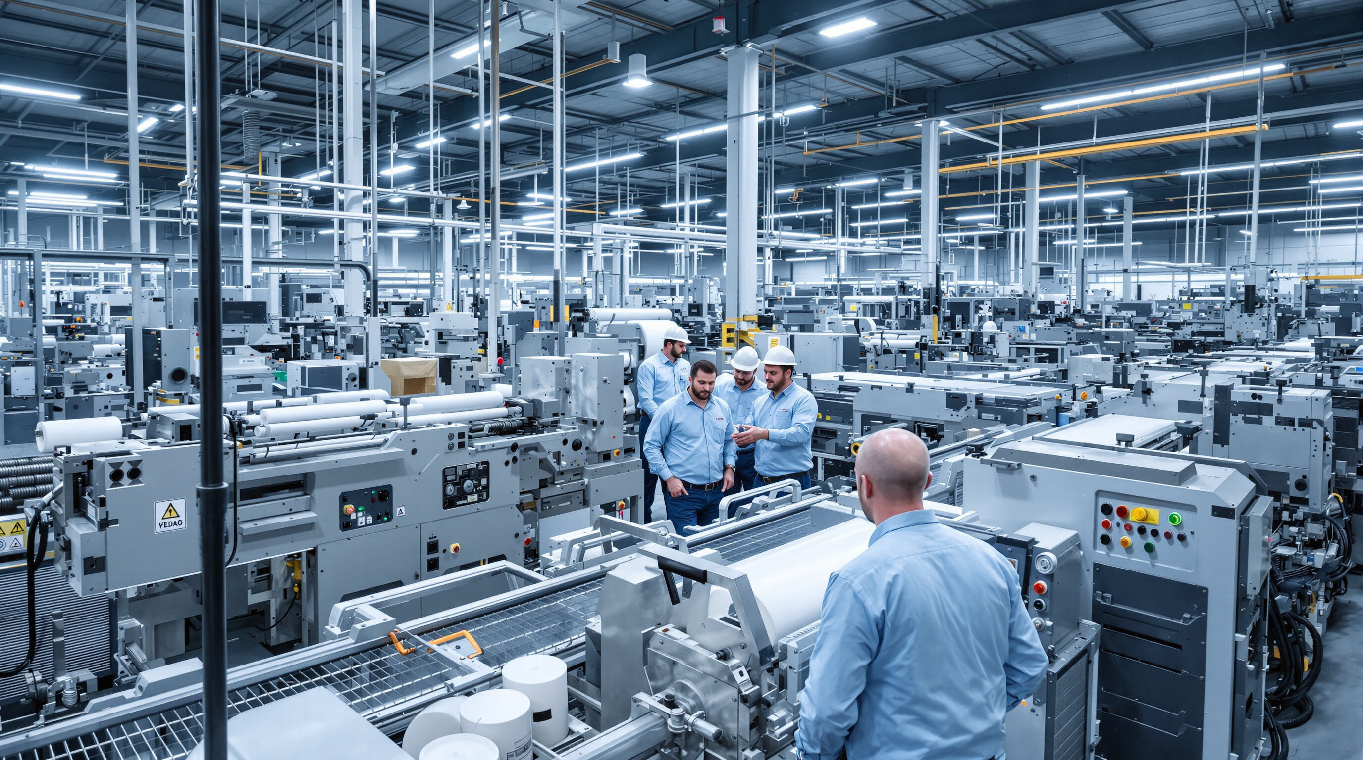 Experienced engineers in a factory inspecting high-tech blown film extrusion machines