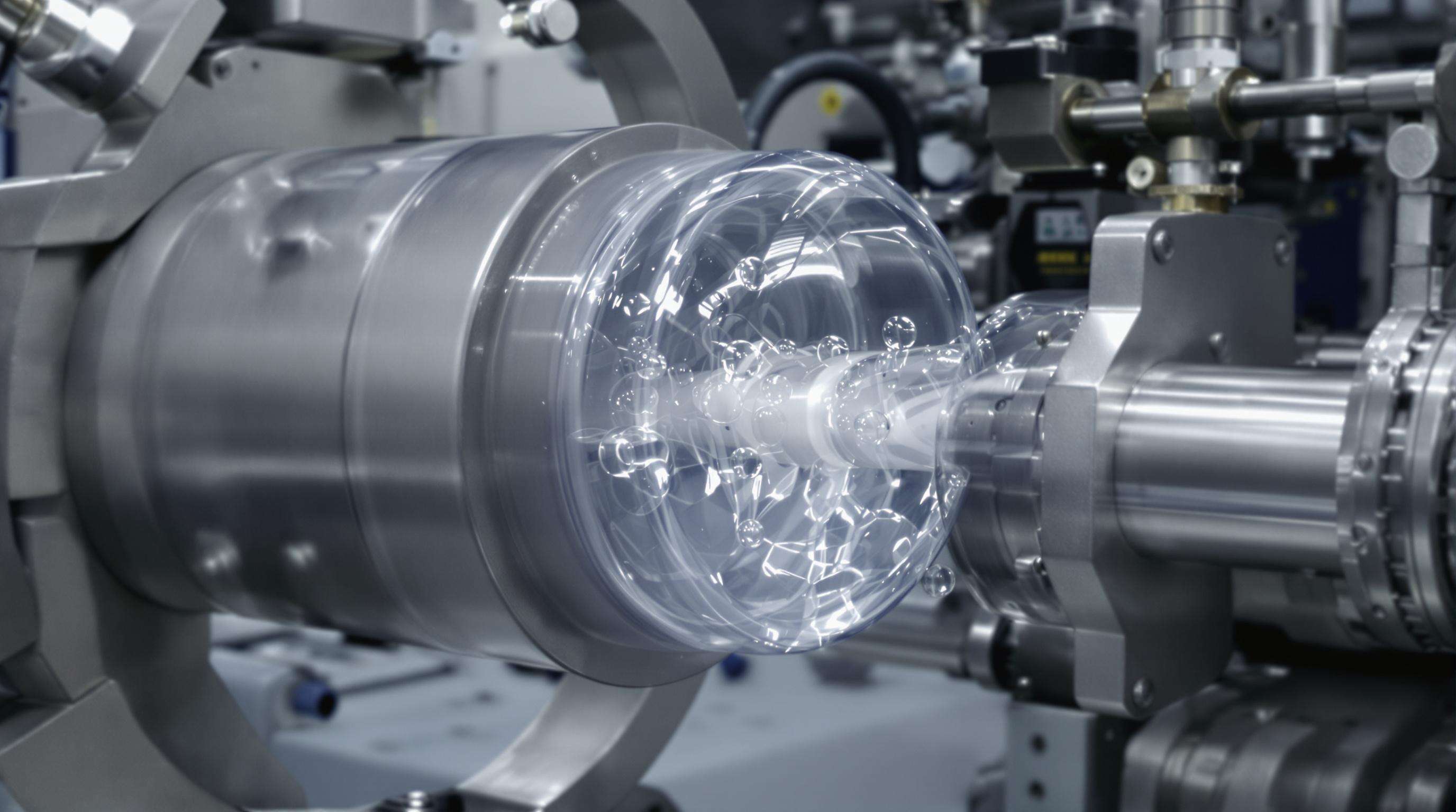 Close-up view of a blown film extrusion process with a transparent bubble forming at a machine die