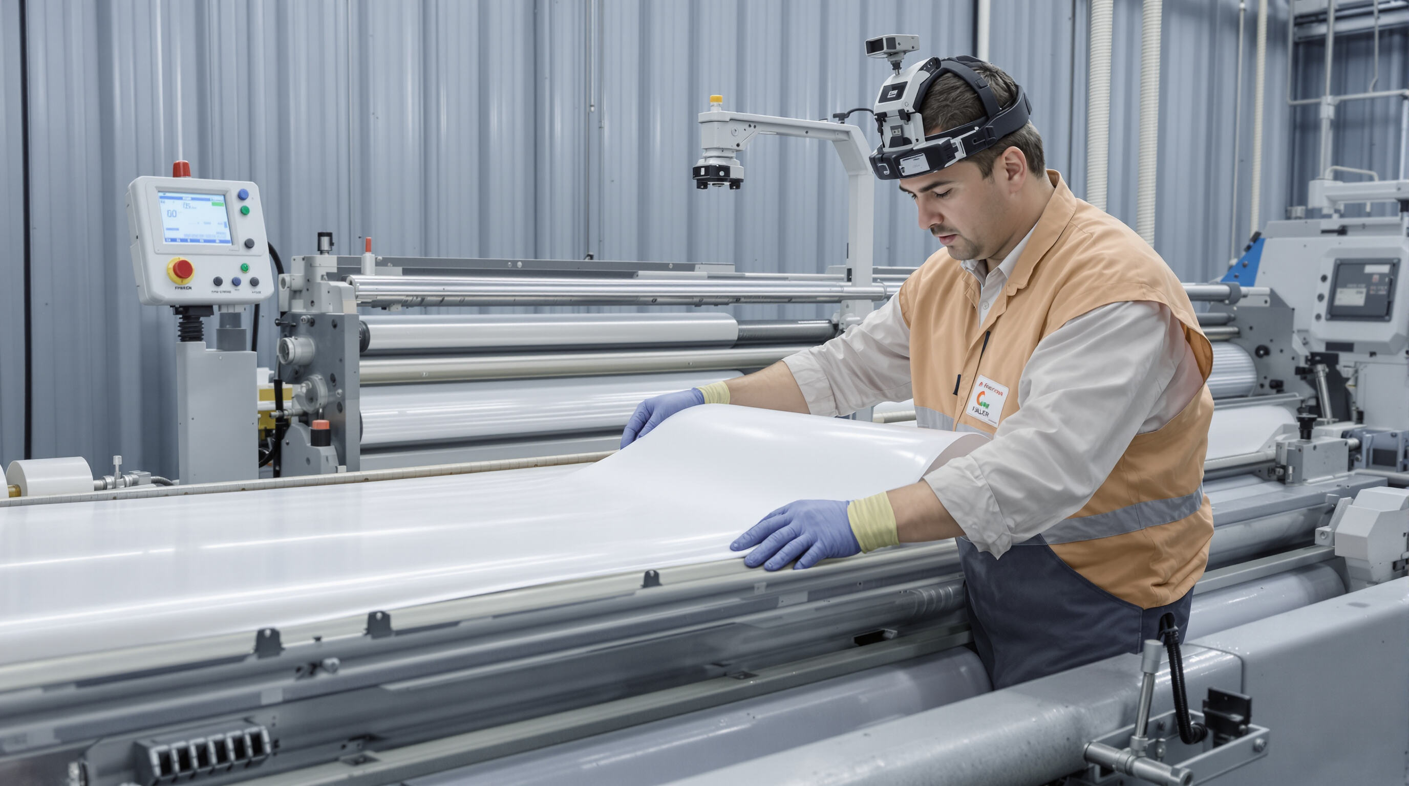 A realistic photo showing a technician monitoring thickness sensors on a polypropylene film line with flat film passing over rollers.