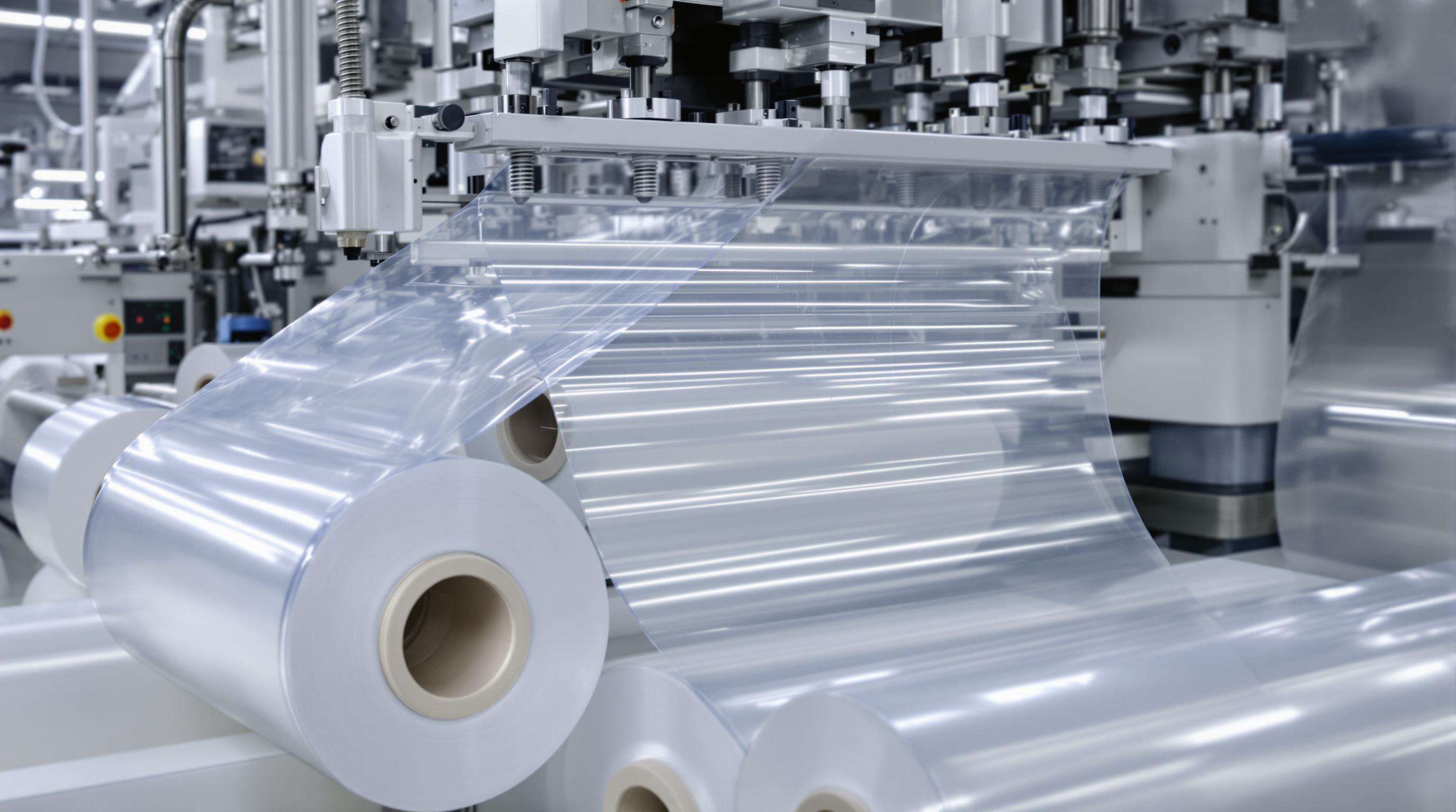 Modern extrusion line producing multi-layer plastic film with clear rolls and visible die machinery