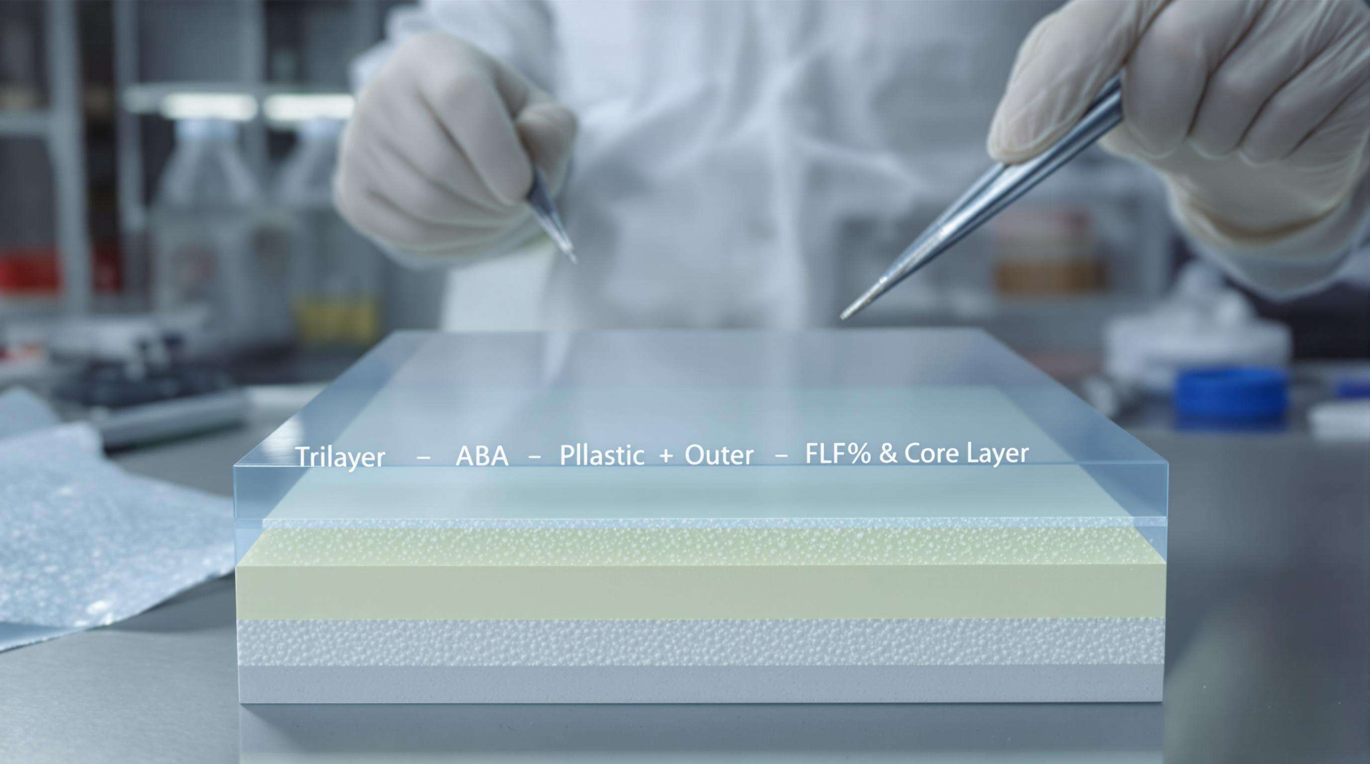 Photorealistic cross-section of trilayer ABA plastic film with technician examining layers