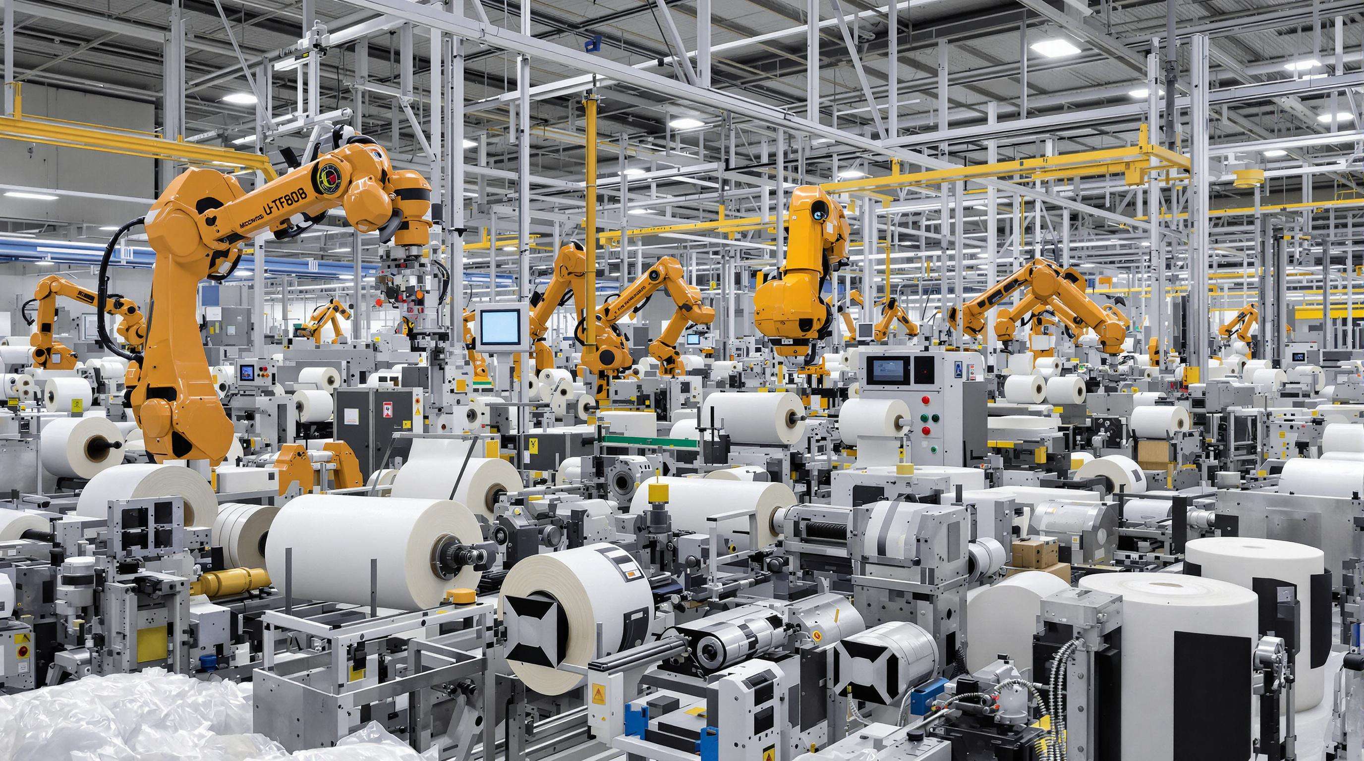 Modern bag making factory with robotic arms, modular machines, and AI-powered cameras