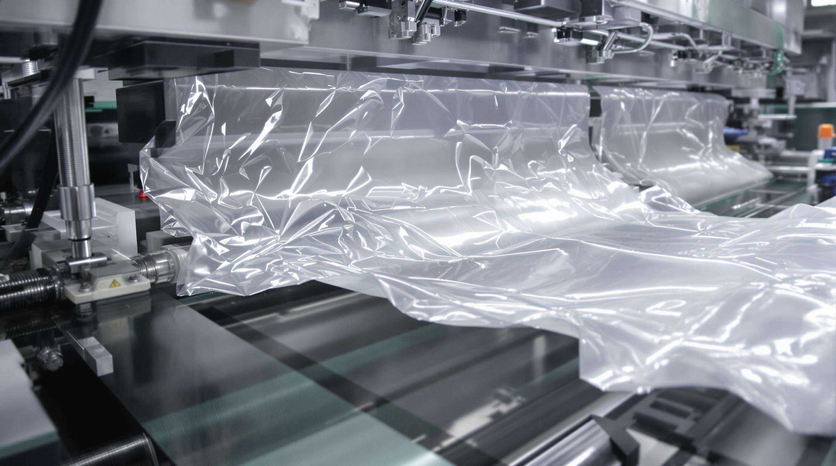 Close-up of a high-speed plastic sack making machine with moving sacks and precise sealing in an industrial setting