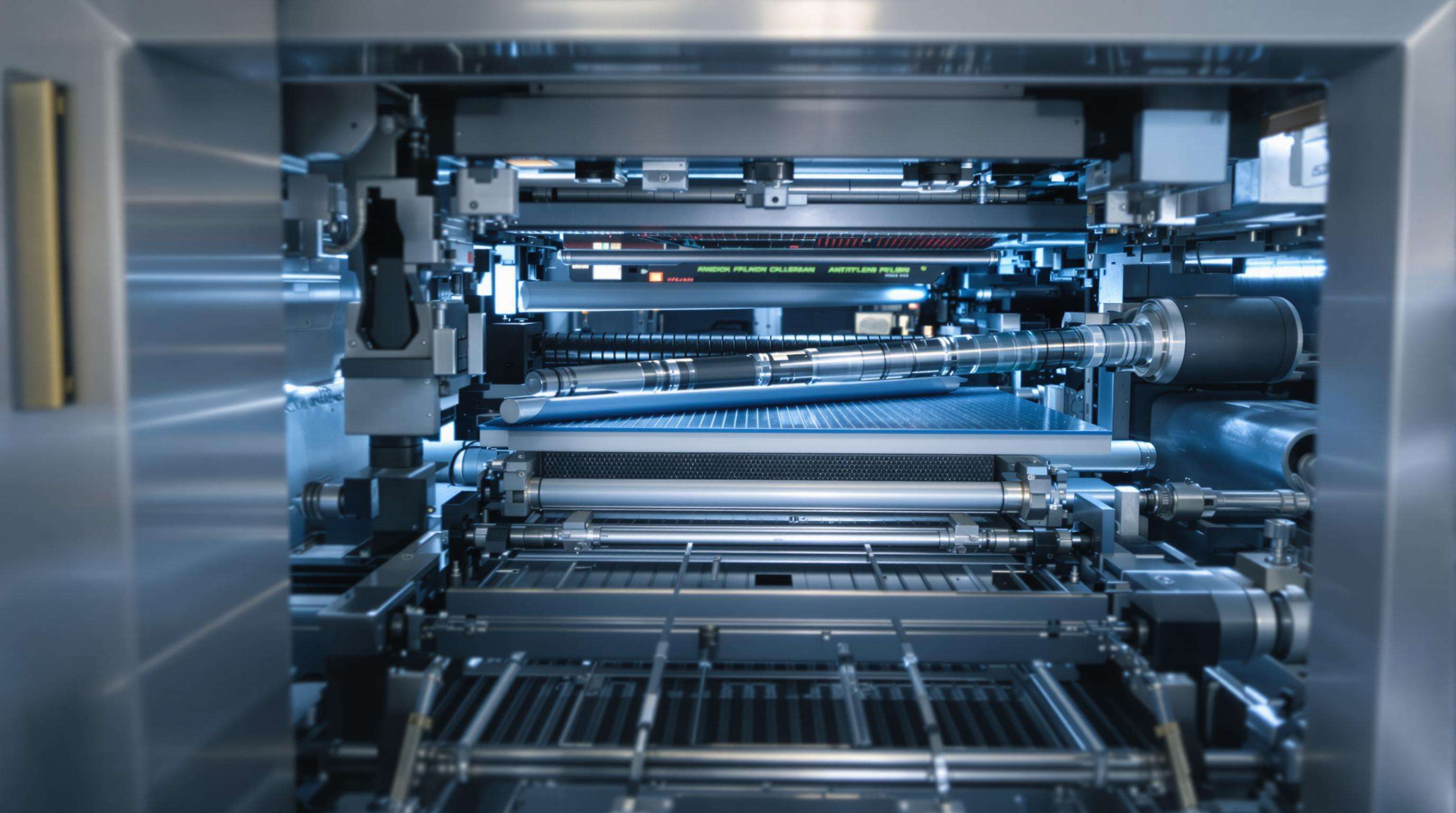 Close-up of a flexible printing press interior showing rollers, plates, and precision mechanical parts