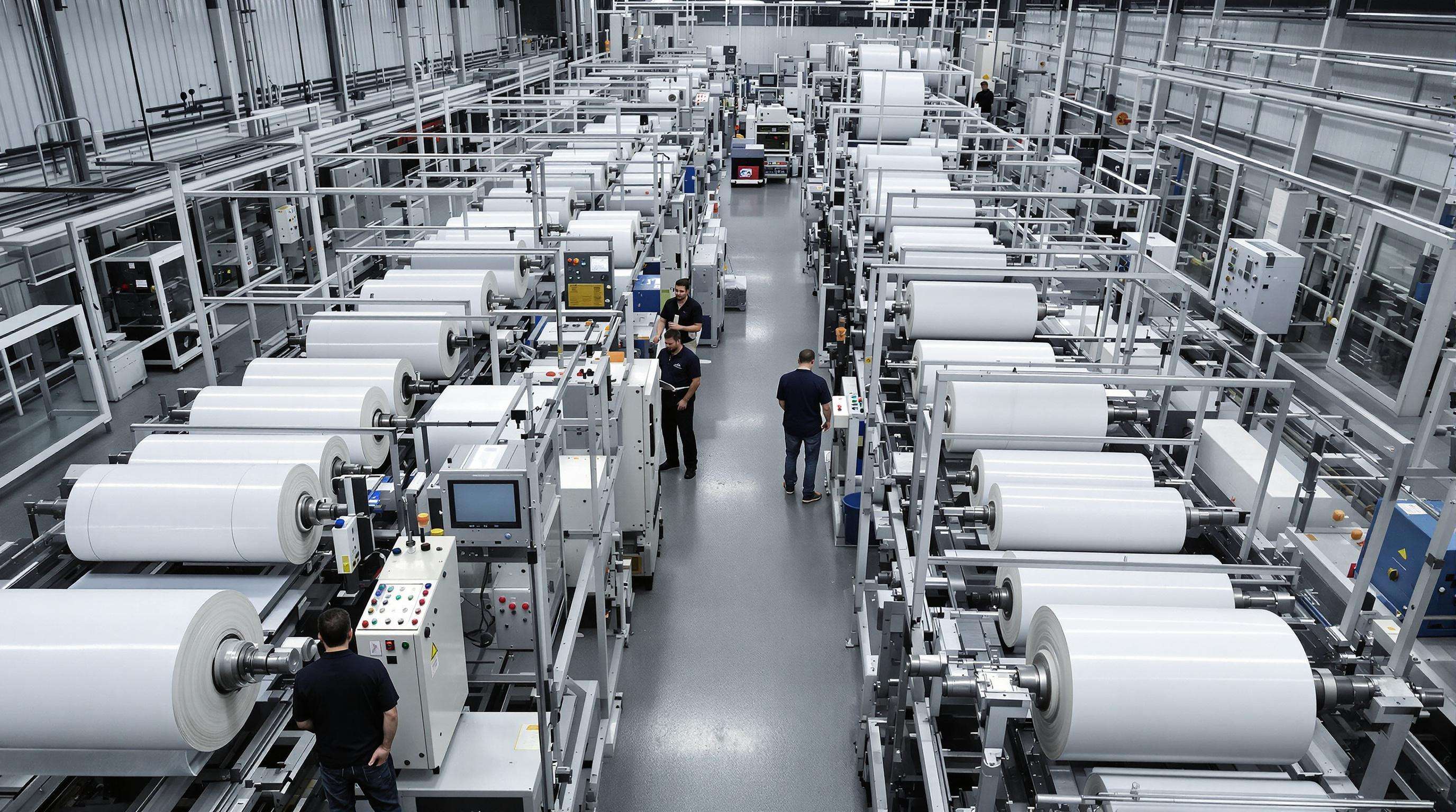 Overhead view of two blown film production lines with technicians overseeing efficiency in an industrial setting