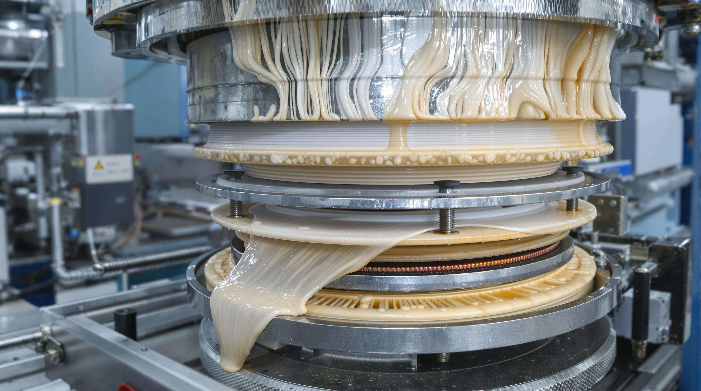 Close-up of a blown film extruder machine with multi-layer die heads extruding plastic film in a factory setting.