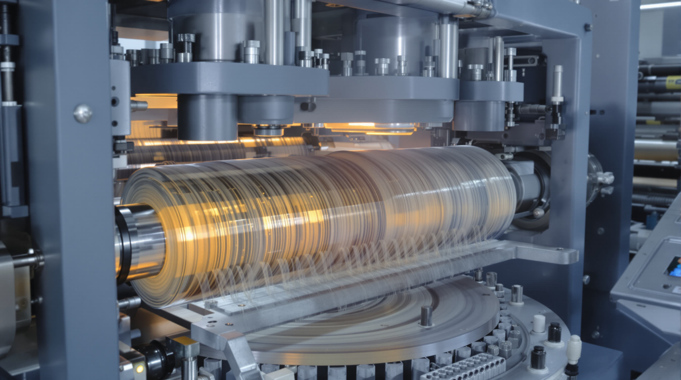 ABA film blowing machine extruding multi-layered film with dual extruders and visible modular die design