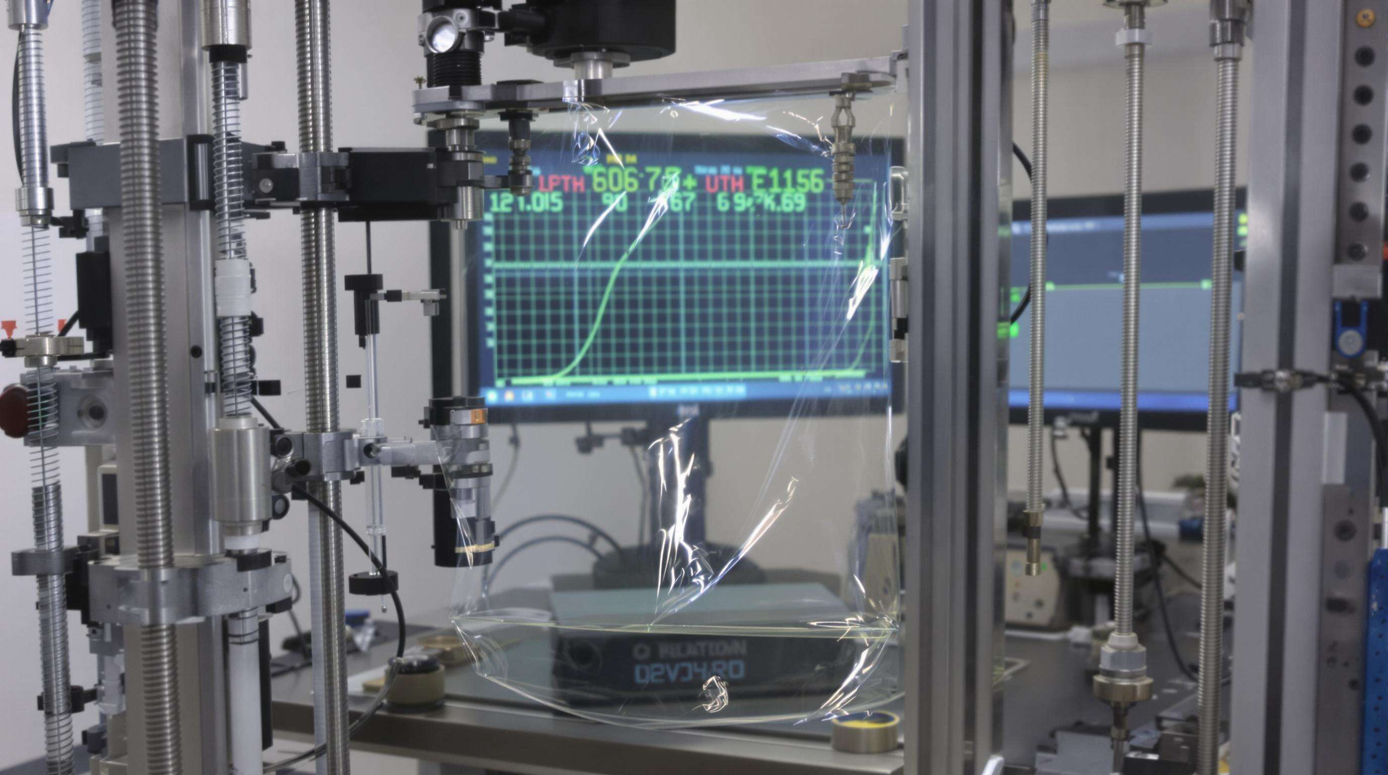 Photorealistic depiction of mechanical testing on plastic film in laboratory