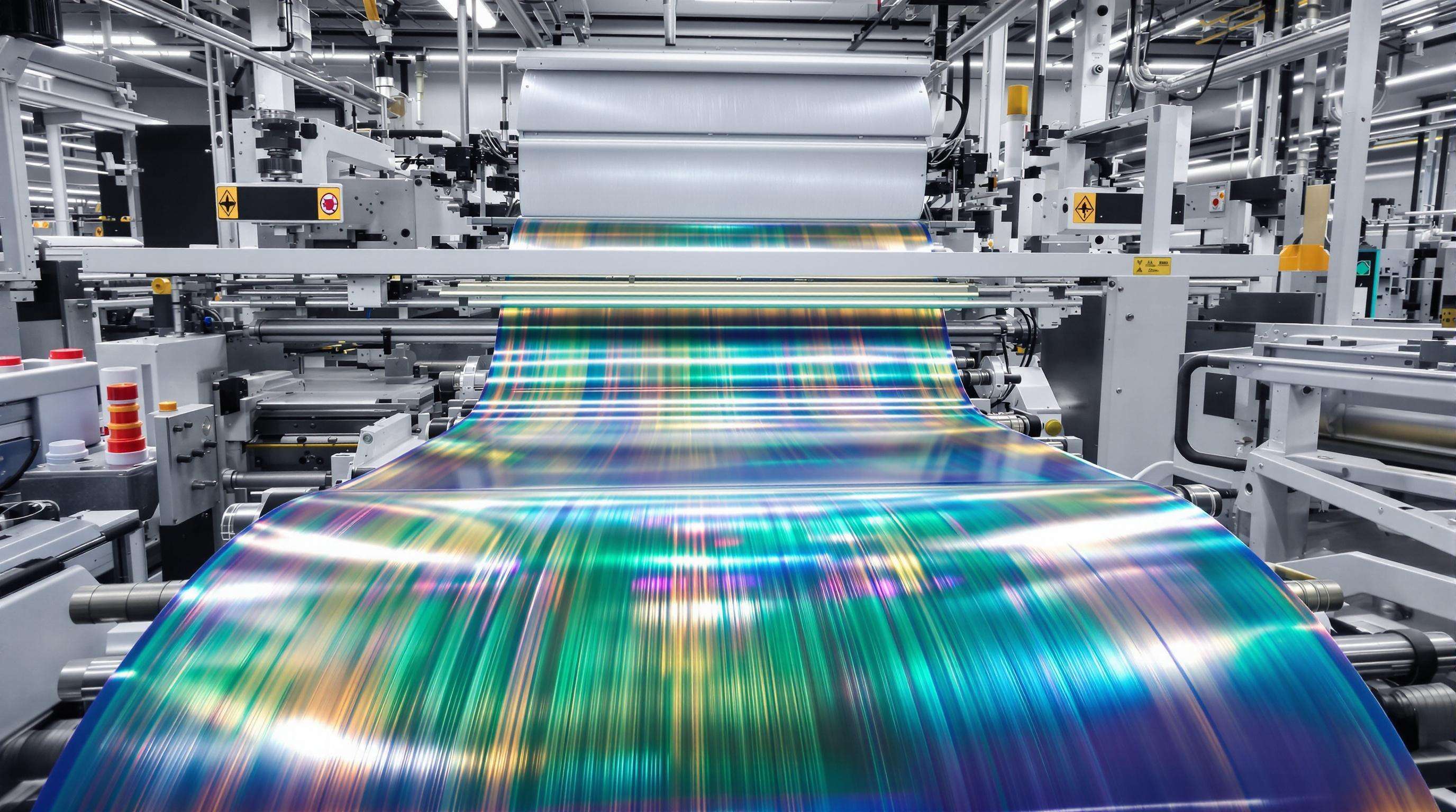 Flexographic printing line with roll-fed substrate passing through multiple ink stations in a modern factory