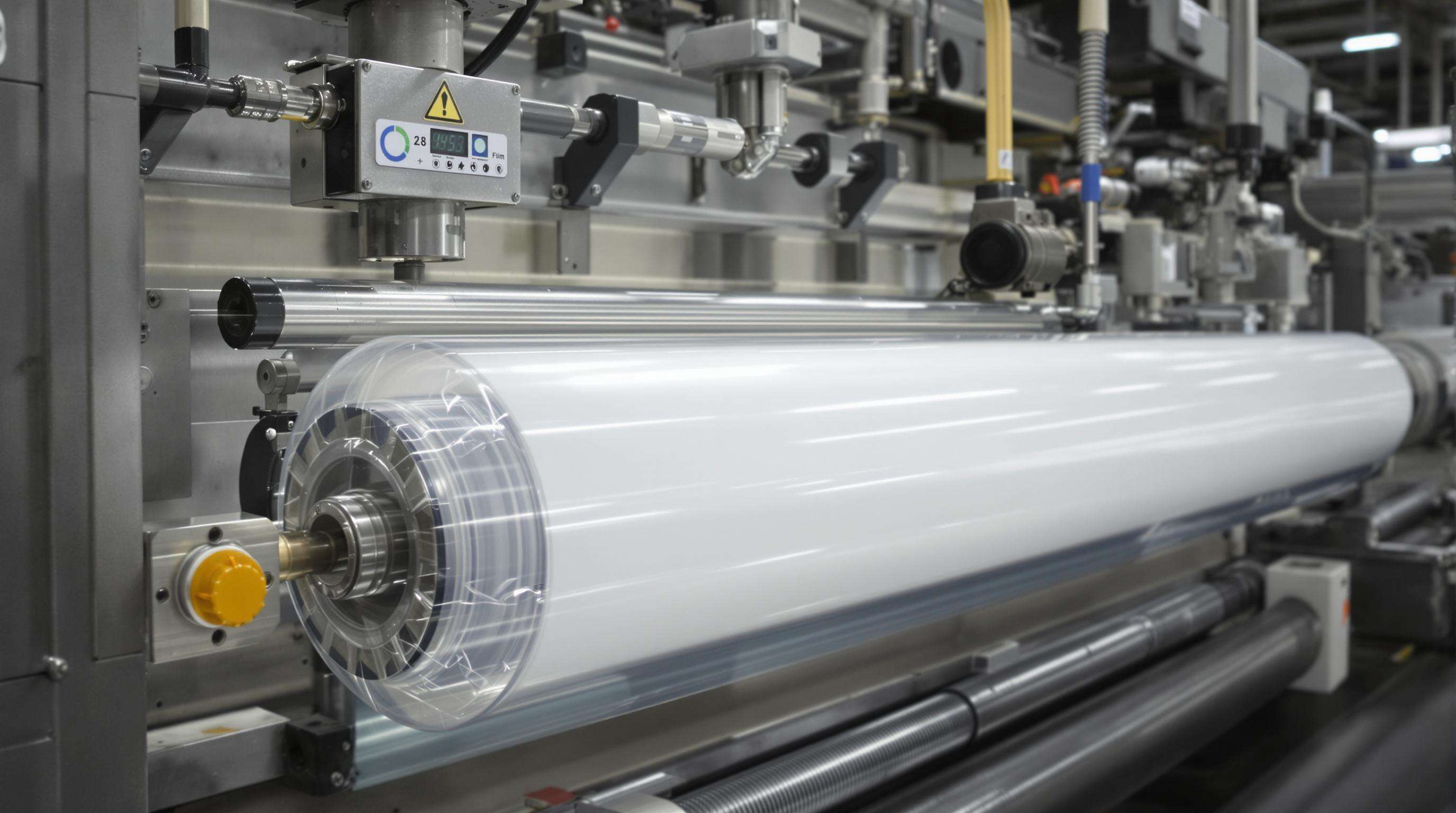 Photo of a film blowing machine creating a clear plastic bubble in a factory environment with focus on main mechanical parts