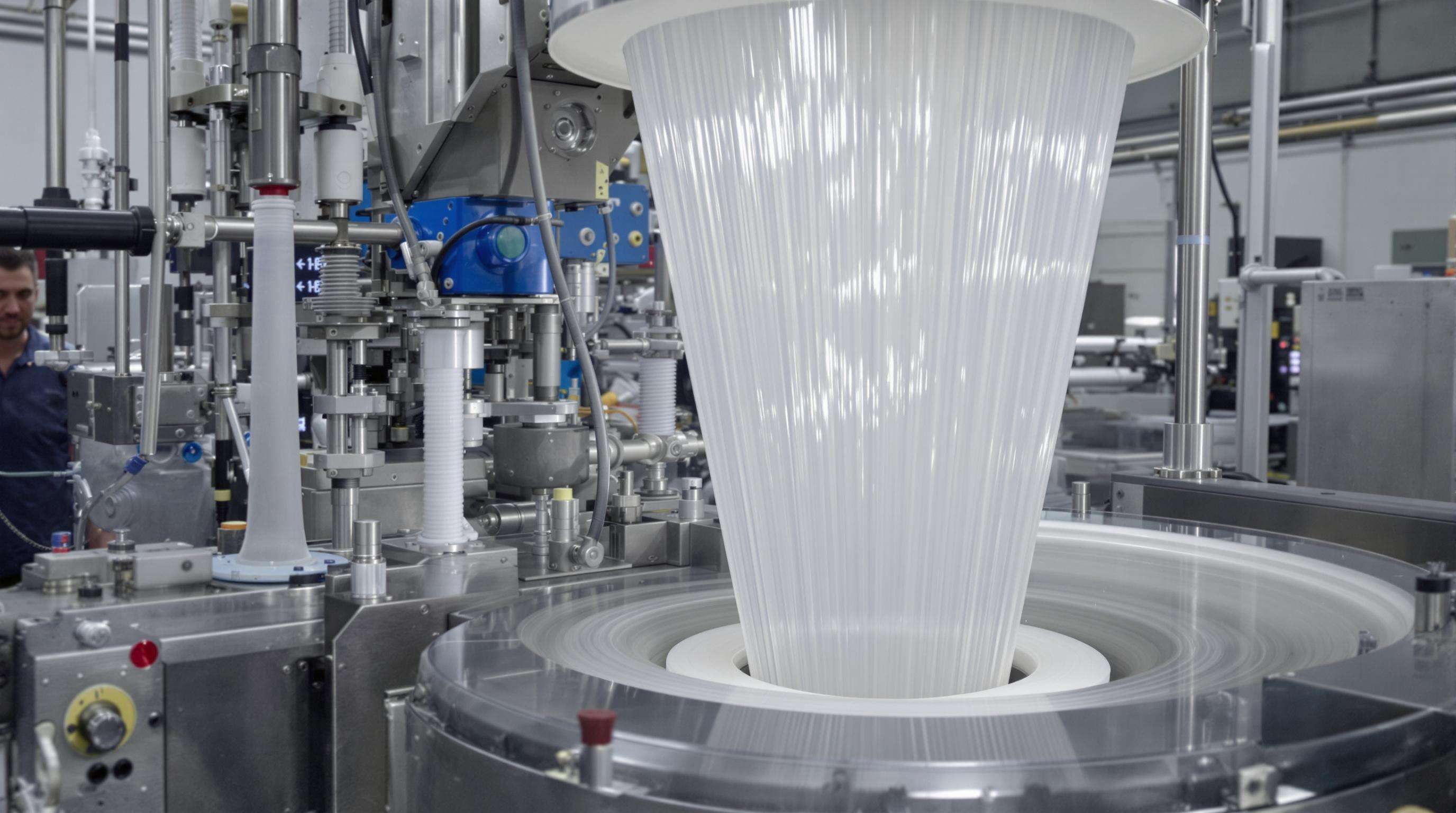 Photorealistic view of a blown film extrusion machine forming and stretching a transparent plastic bubble with cooling air rings in a factory setting