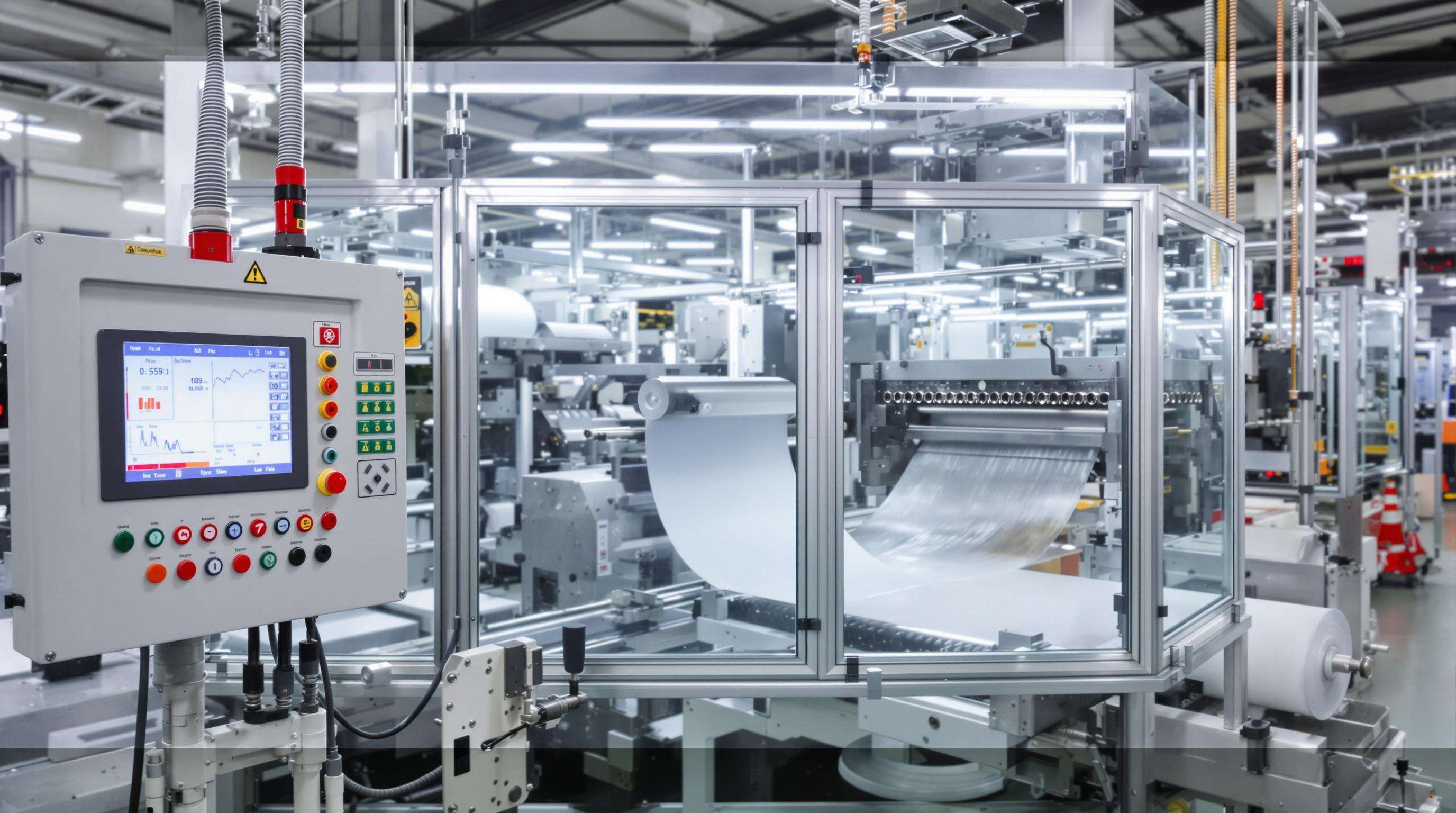 Factory scene with an advanced blown film extruder and digital control panels showing automated processes.