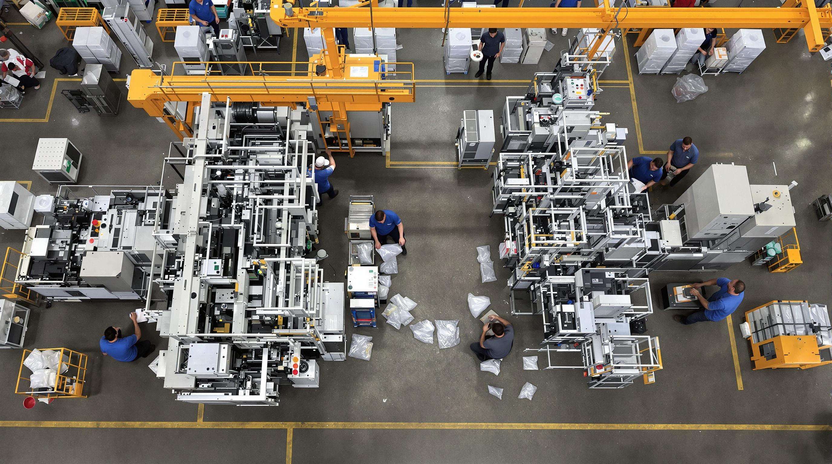 Side-by-side plastic bag making machines, one automatic and one semi-automatic, on a factory floor with workers, photographed from above.