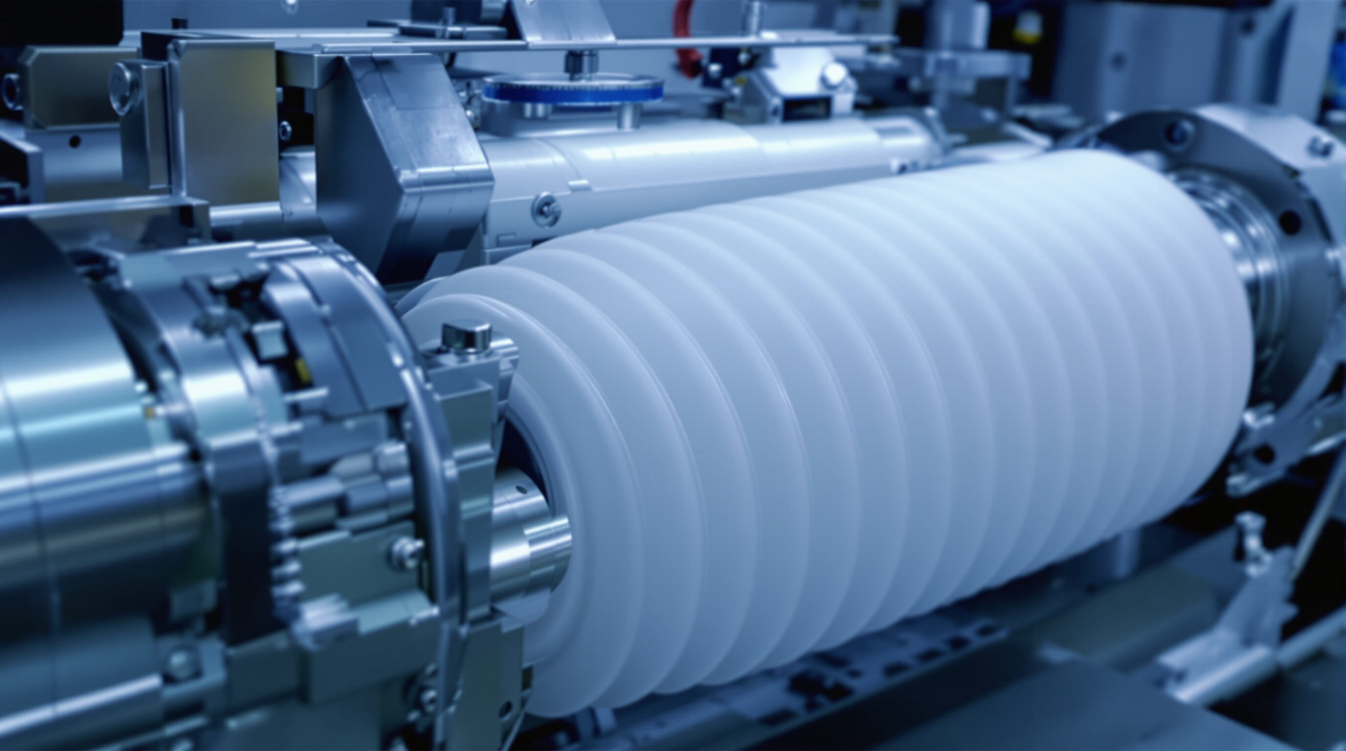 Close-up of blown film extrusion die head with evenly distributed melt flow in an industrial setting