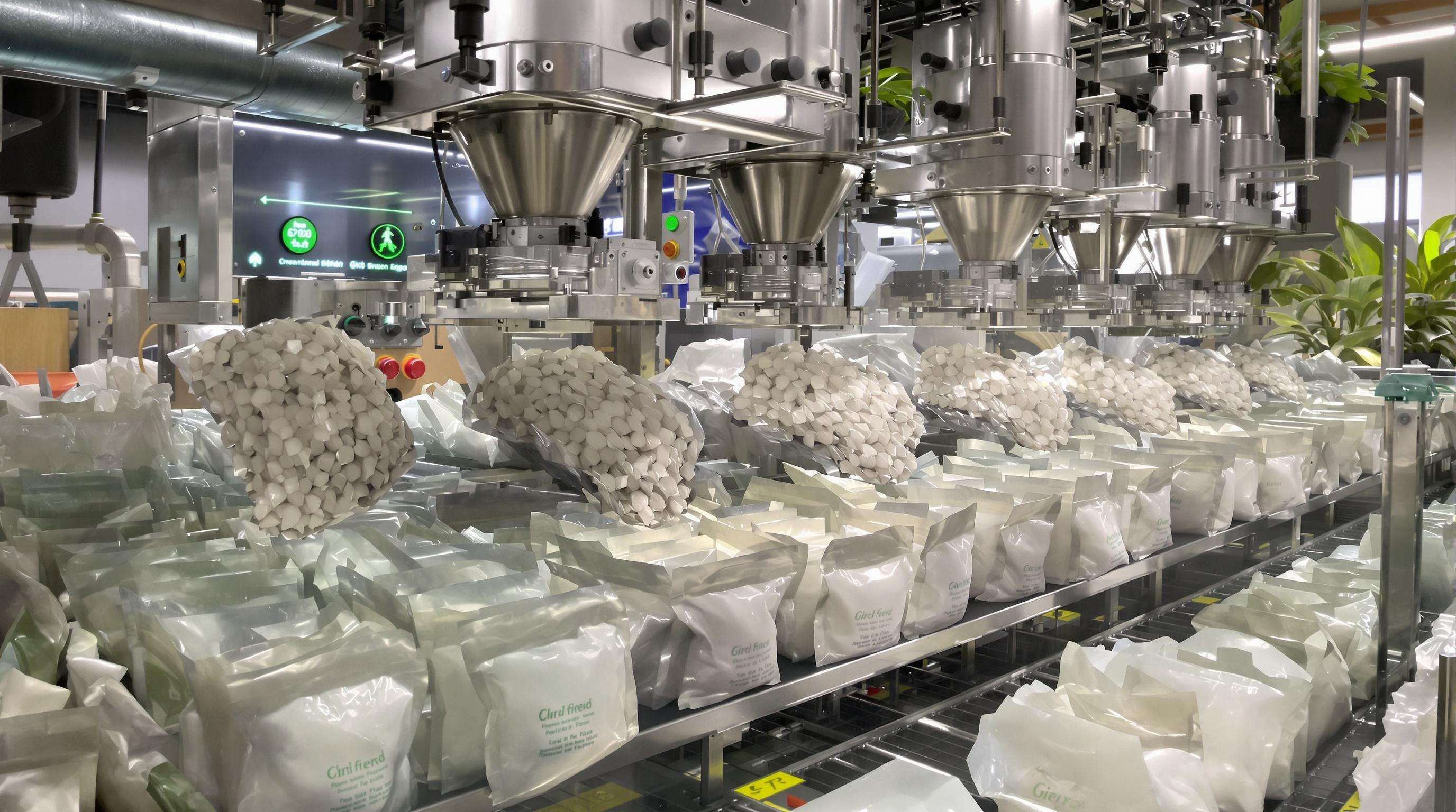 Bag making machine processing recycled plastic with eco-friendly cues and plant accents