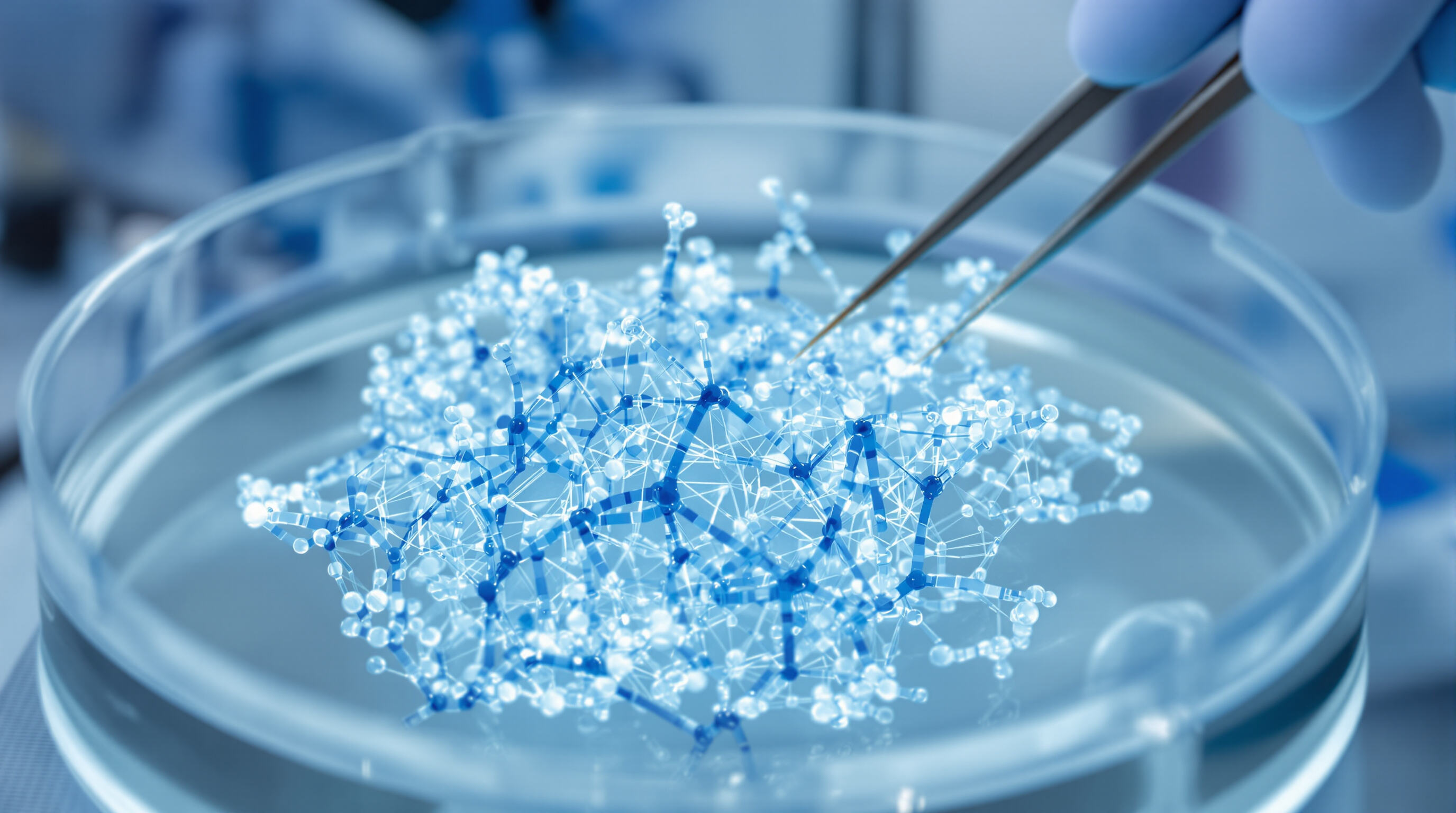 Photorealistic close-up of lab technician examining a translucent hyaluronic acid mesh structure in a petri dish
