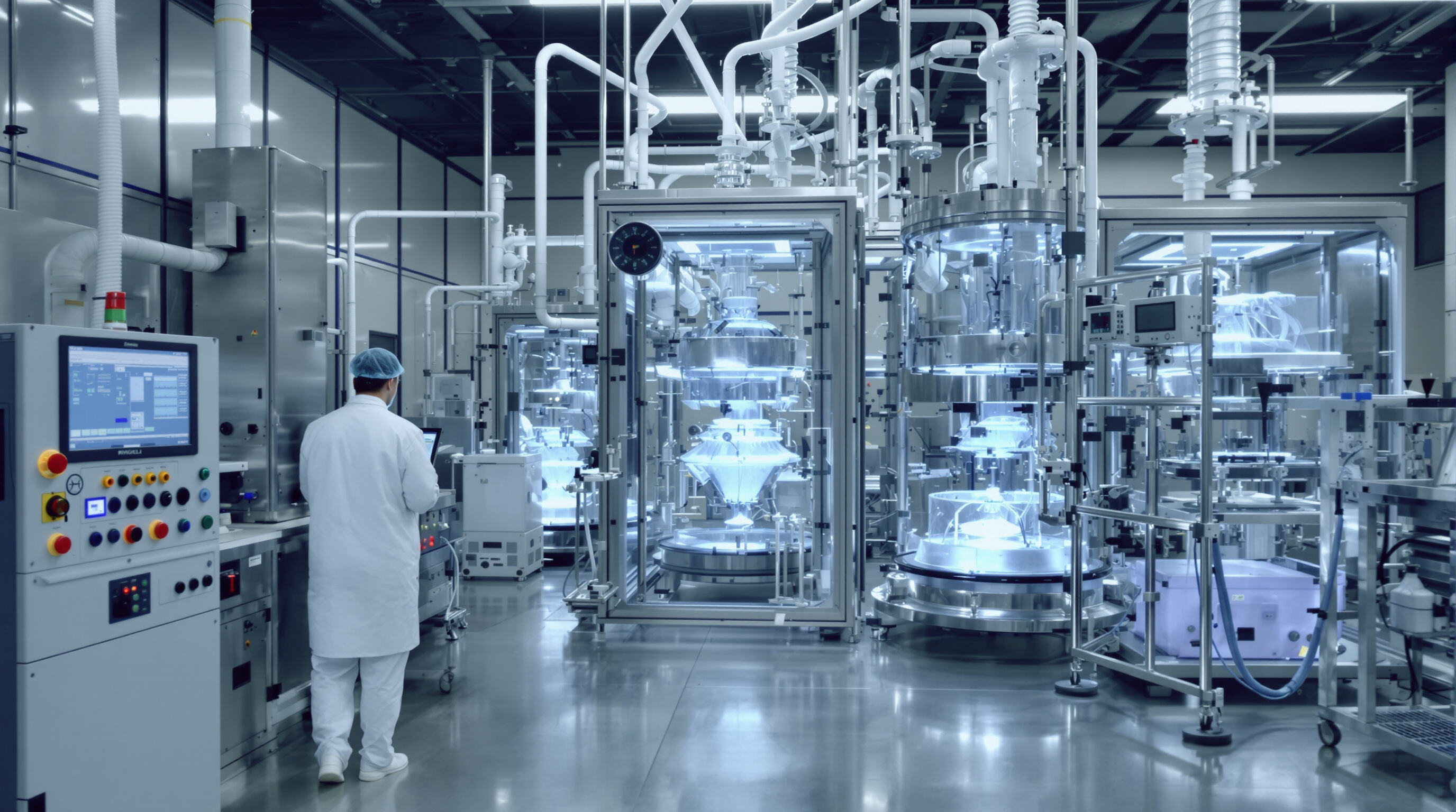 Technician monitors automated hydrogel production in industrial lab