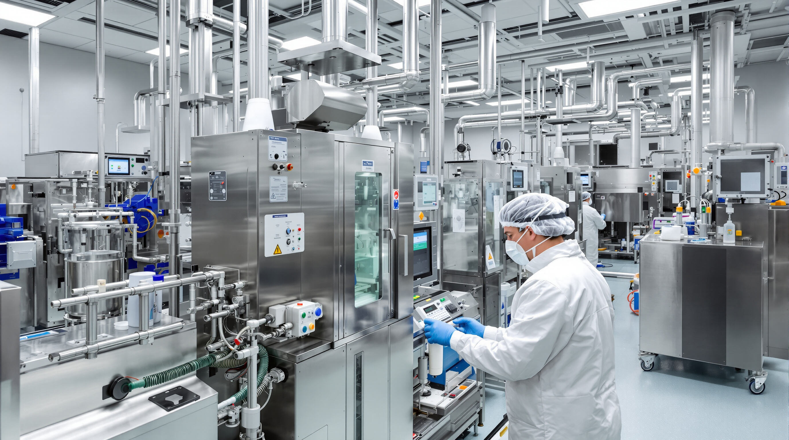Photorealistic view of technicians in a cleanroom operating automated manufacturing equipment for hyaluronic acid production