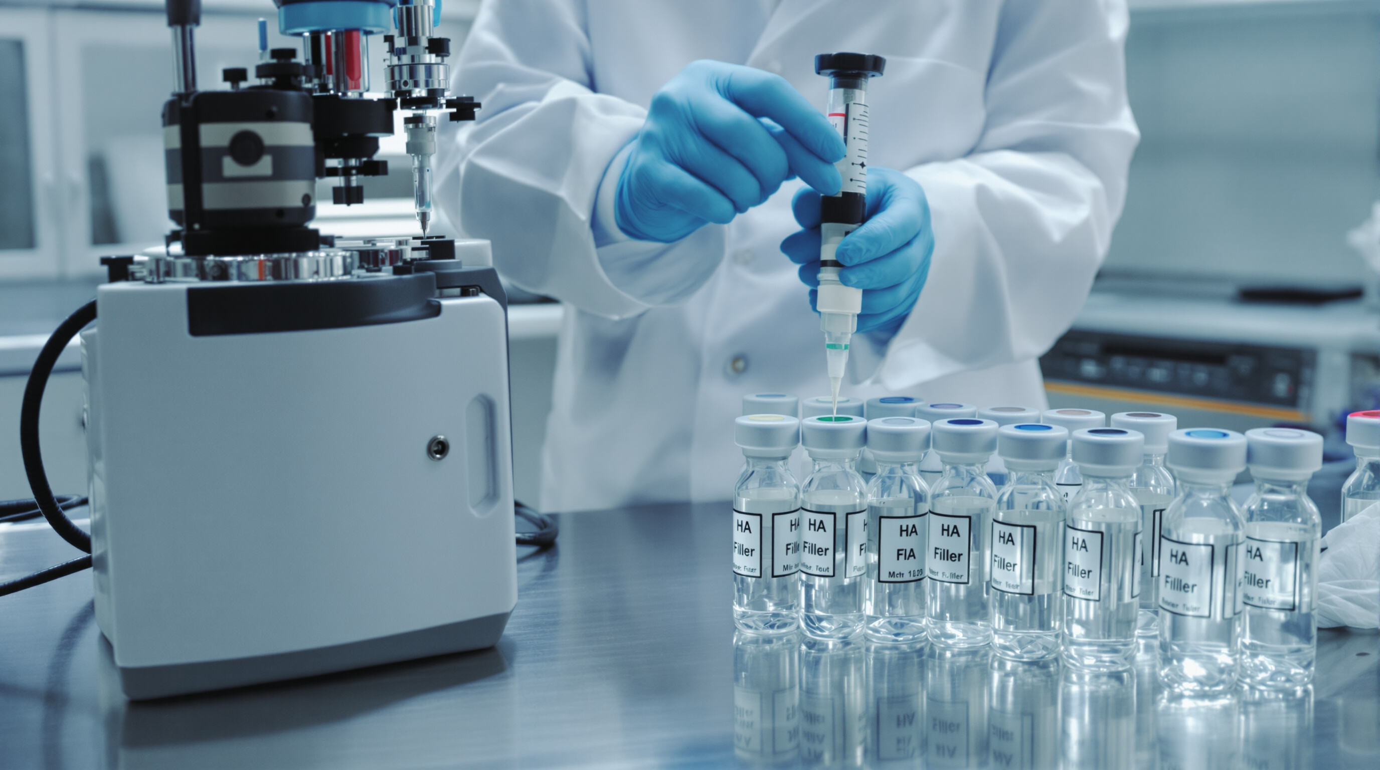 Scientist in a lab measuring HA filler properties with specialized equipment