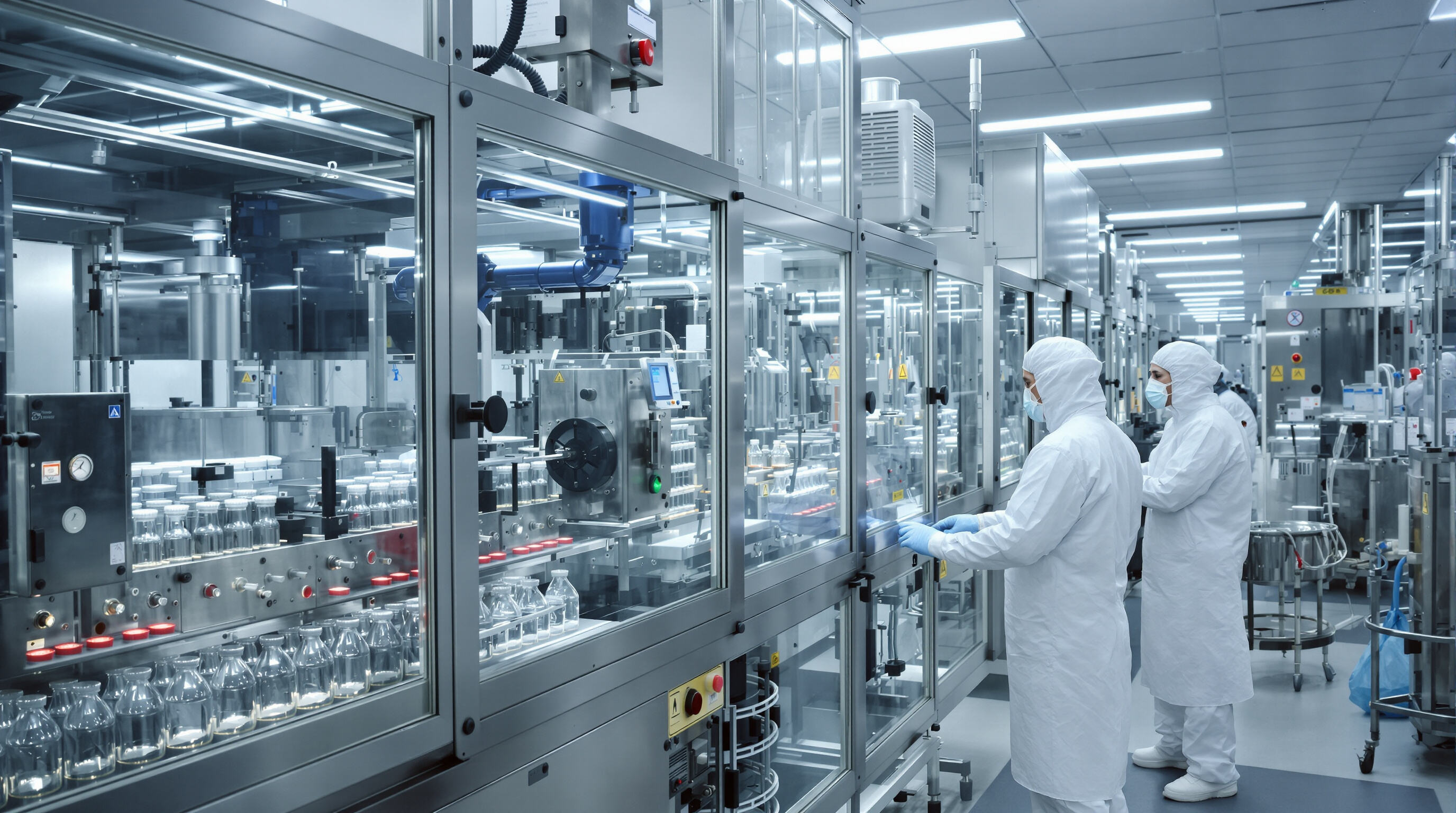 Technicians working in a sterile pharmaceutical manufacturing cleanroom with advanced machinery for gel production