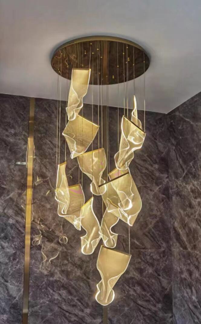 Modern Style Hotel Villa Stairs Bronze Iron Ceiling Light Hanging Acrylic LED Pendant Light factory