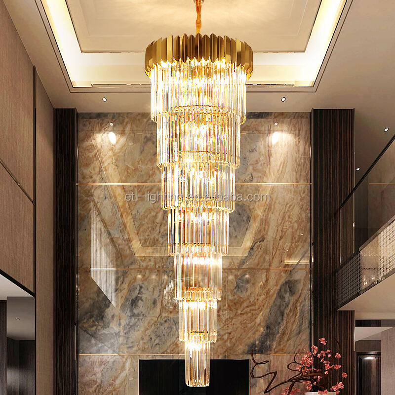 Long Spiral Crystal Drop Pendant Lighting Chandelier Hotel Crystal Stair Gold Chandelier Light manufacture