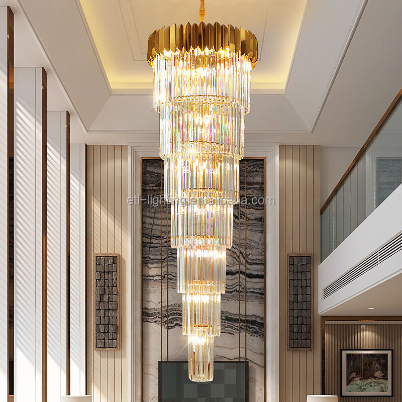 Long Spiral Crystal Drop Pendant Lighting Chandelier Hotel Crystal Stair Gold Chandelier Light supplier