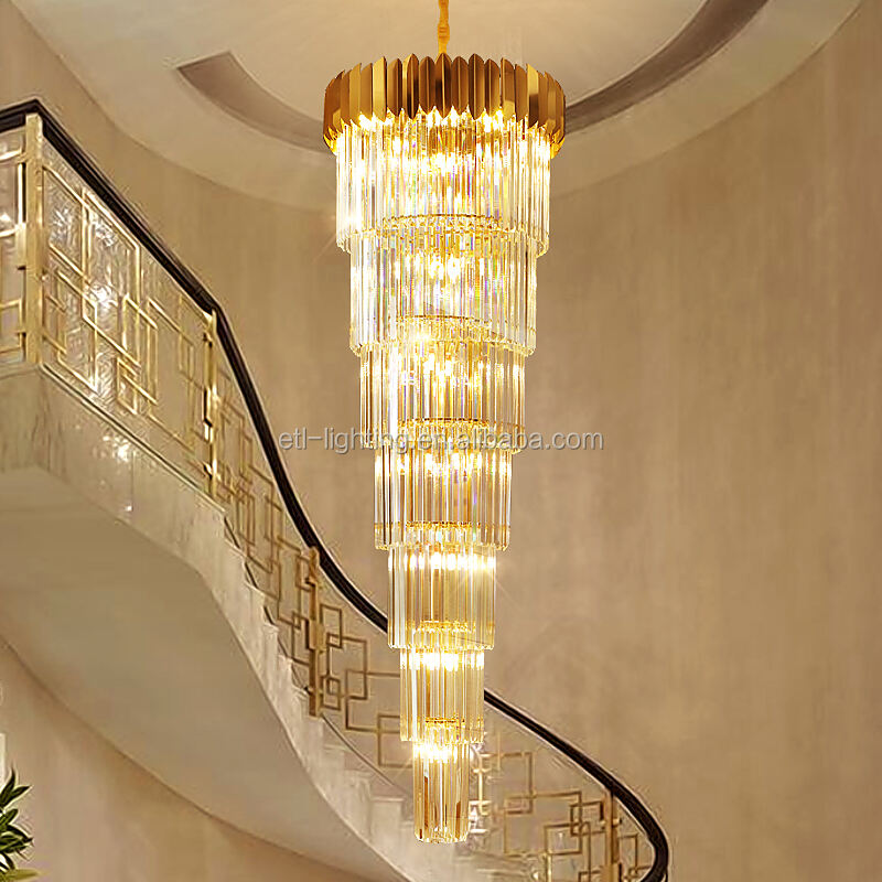 Long Spiral Crystal Drop Pendant Lighting Chandelier Hotel Crystal Stair Gold Chandelier Light details