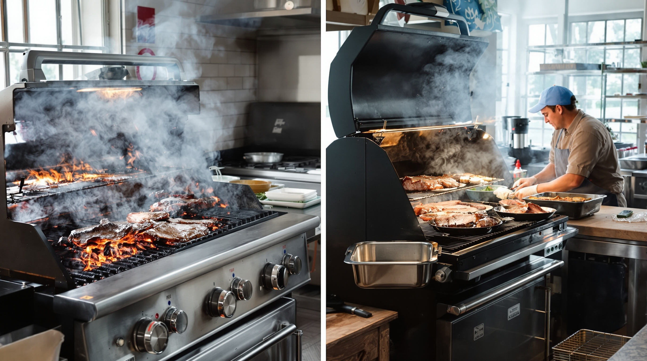 Dual cooking stations with a chef searing meat on a charcoal grill and another preparing brisket near an offset smoker, emphasizing time and temperature control
