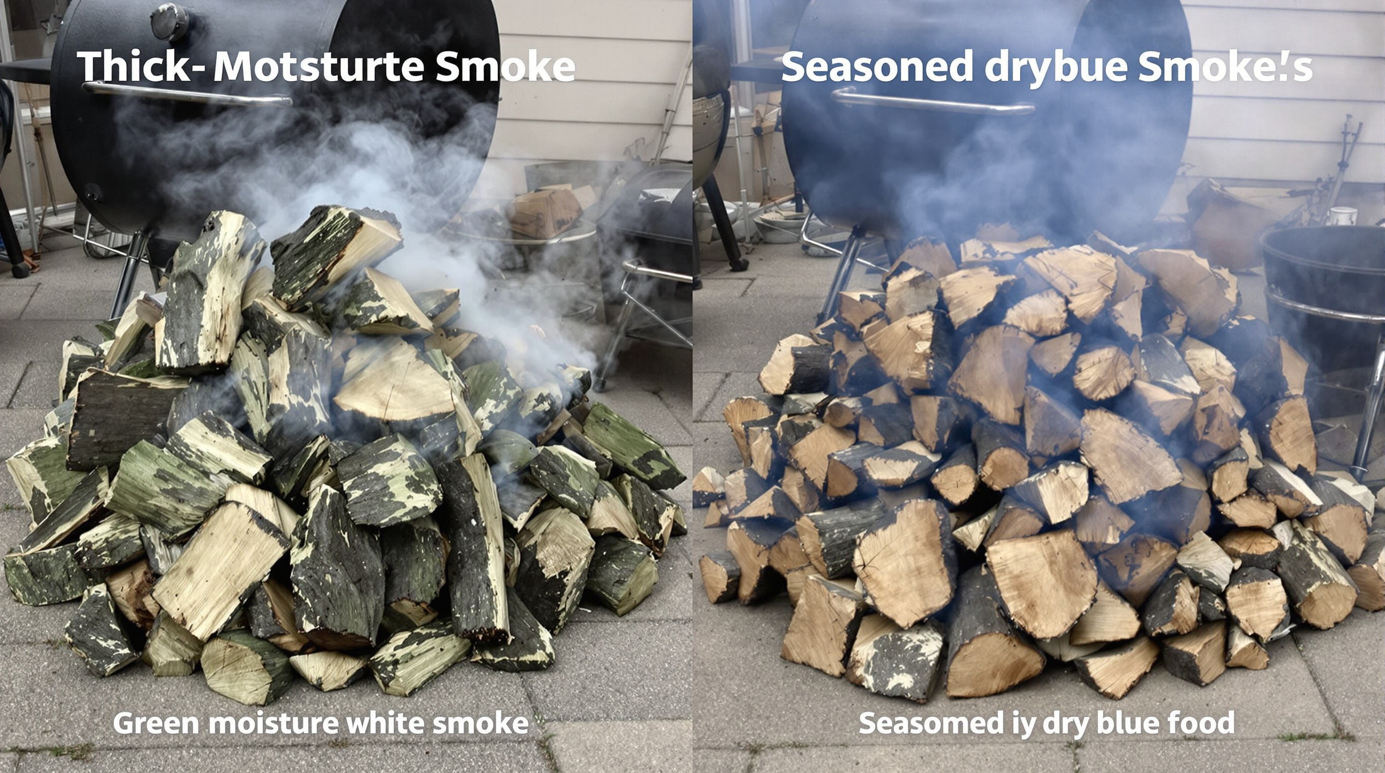 Realistic scene displaying green wood with thick white smoke and dry wood producing clean blue smoke near a smoker grill