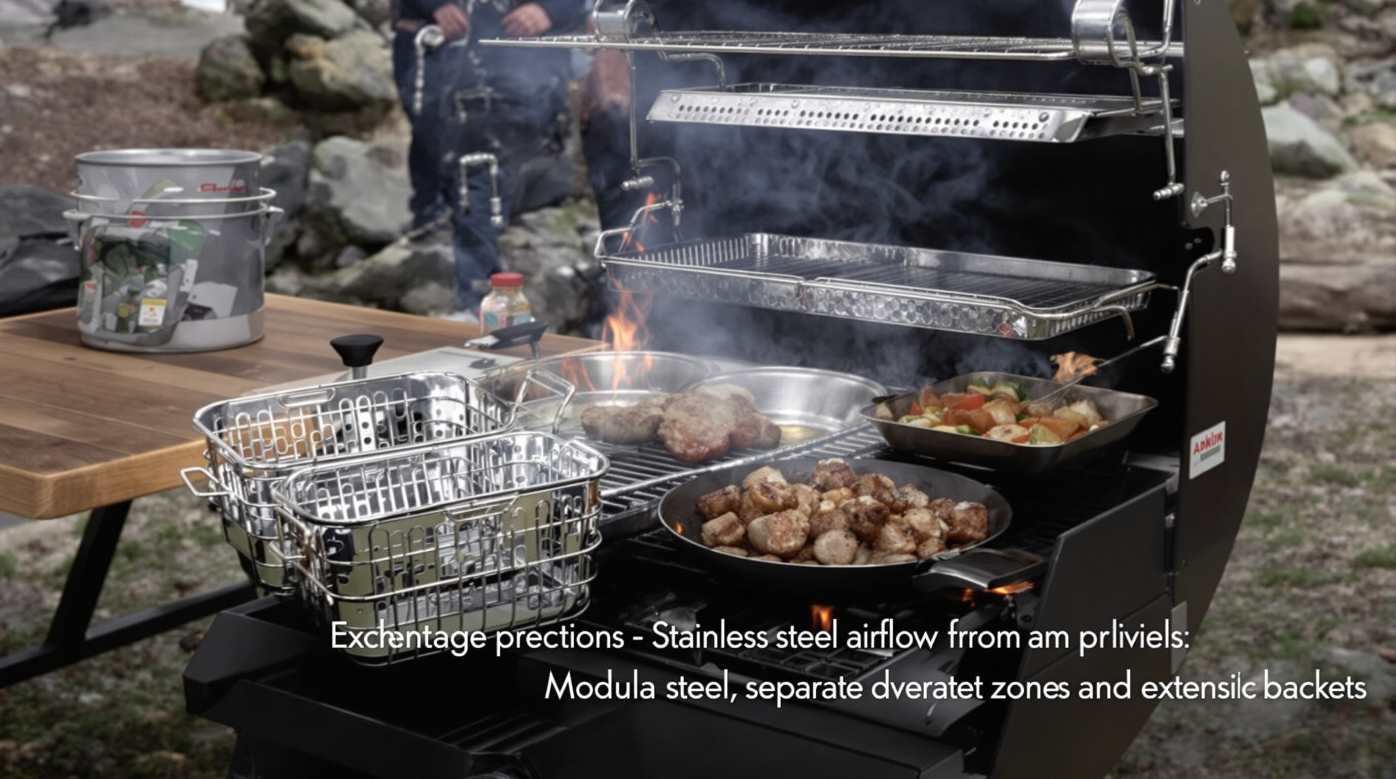Camping grill with airflow baskets, dividers, and modular accessories in use at a campsite