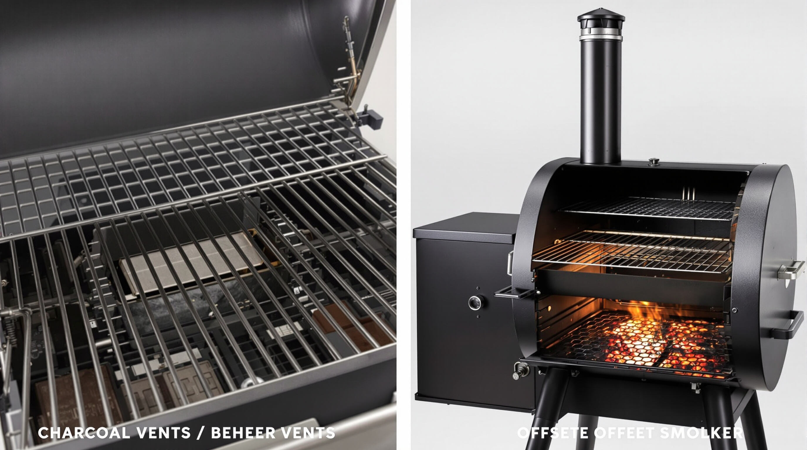 Charcoal grill and offset smoker shown side-by-side, focusing on firebox, vents, and chimney design for heat and airflow control
