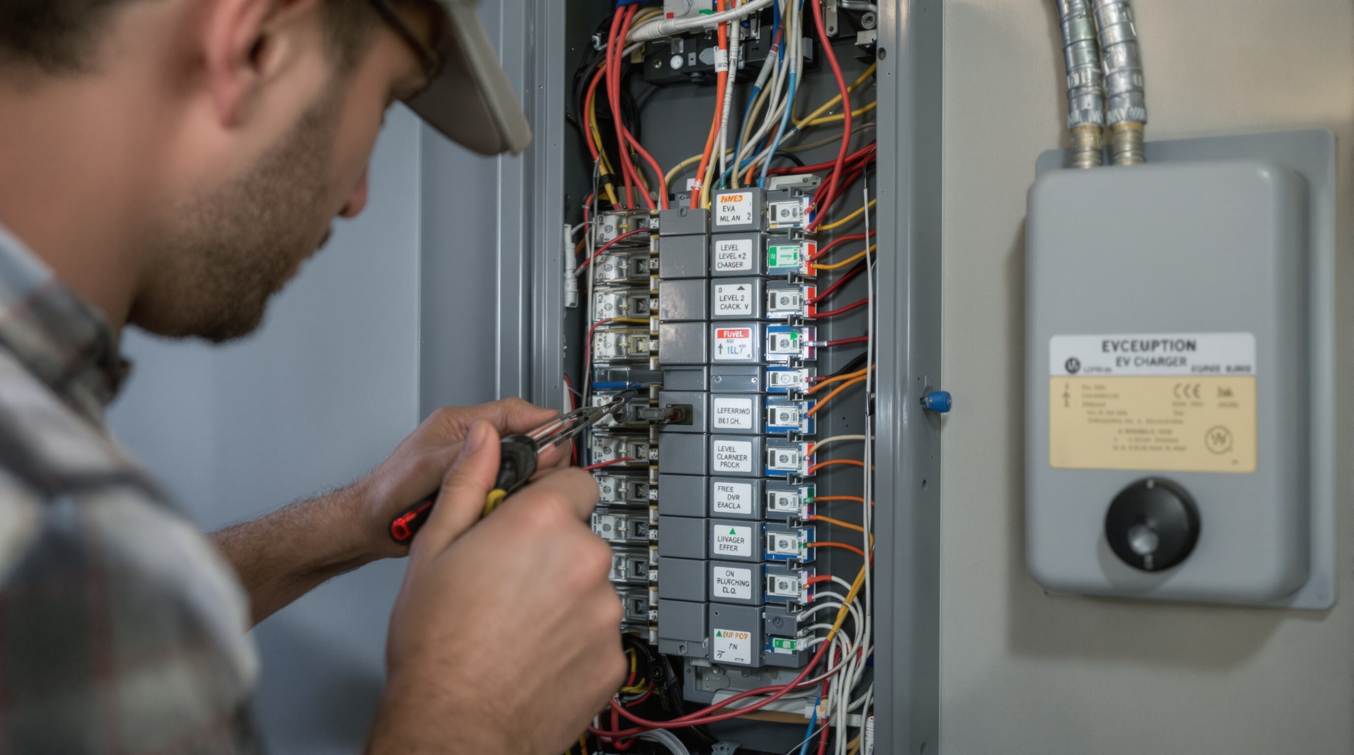 An electrician checking a home's electrical panel and wiring for the installation of an EV charger.