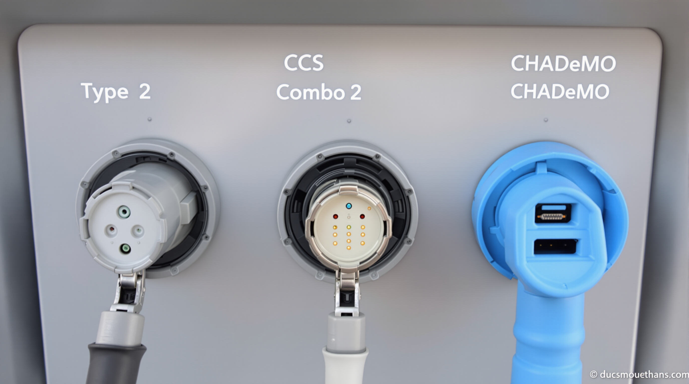 Photorealistic trio of EV connectors—Type 2, CCS Combo 2, and CHAdeMO—highlighting their physical differences