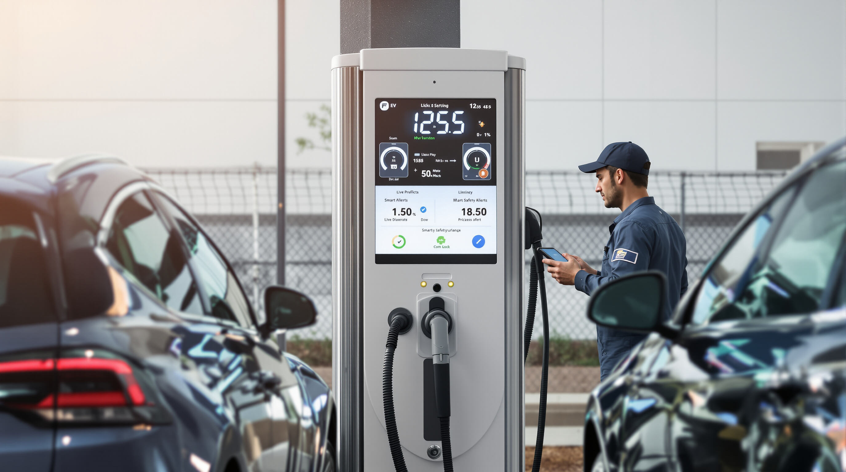 Technician reviews smart diagnostics on a tablet next to an active EV charging station displaying real-time data