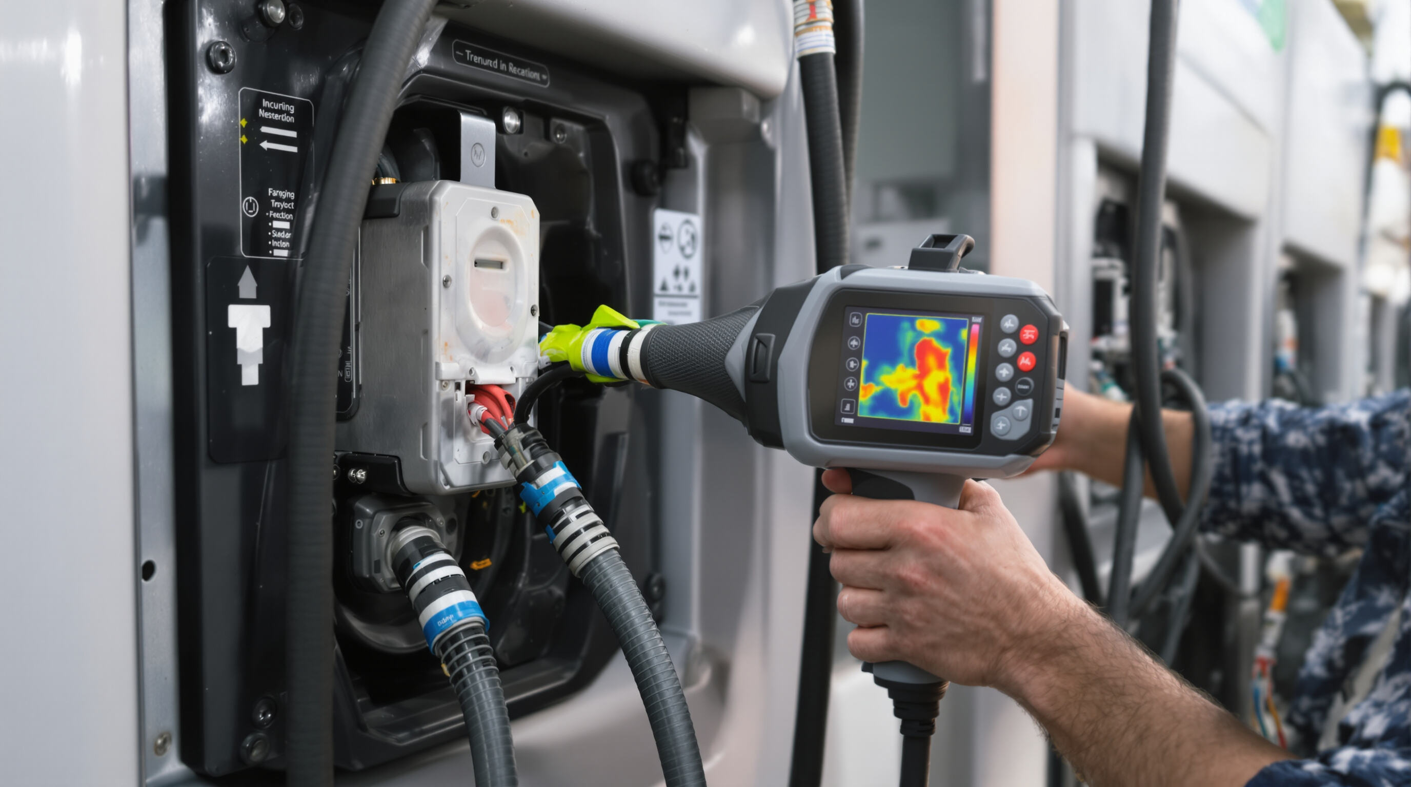Technician uses a thermal imaging tool to check for wear on EV charging cable and connector at a commercial station