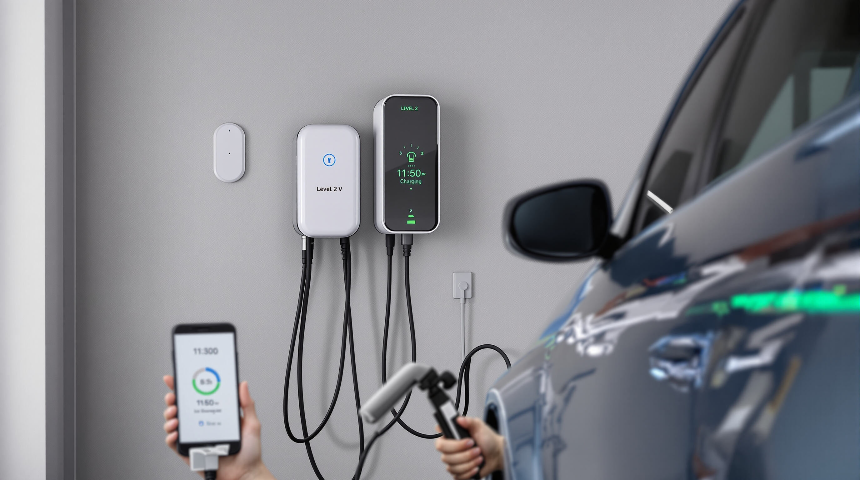 A home garage showing an electric car plugged into a Level 2 charger with a smartphone displaying the charging status.