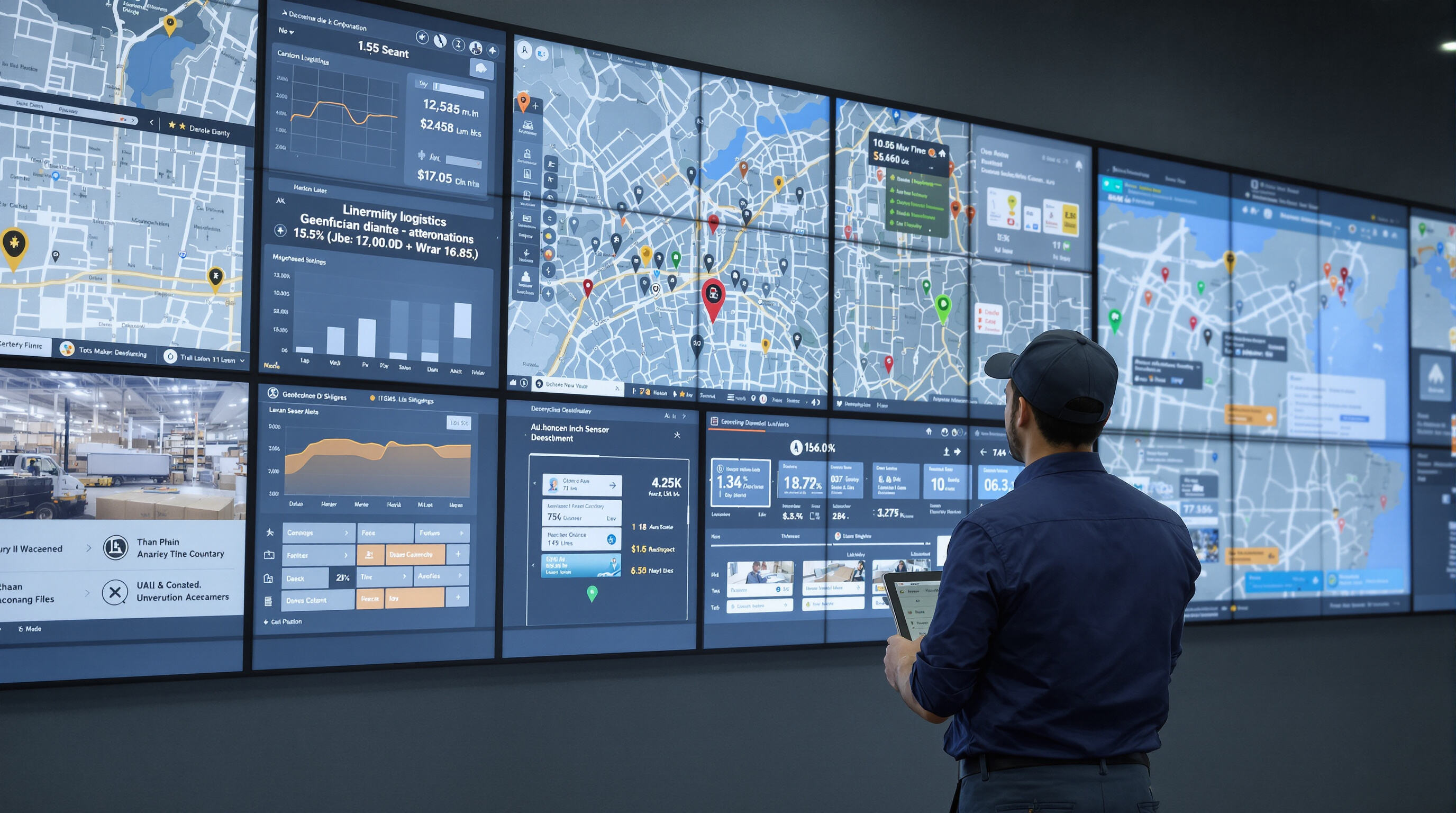 Logistics manager monitoring real-time shipment tracking on integrated dashboard in a warehouse control room