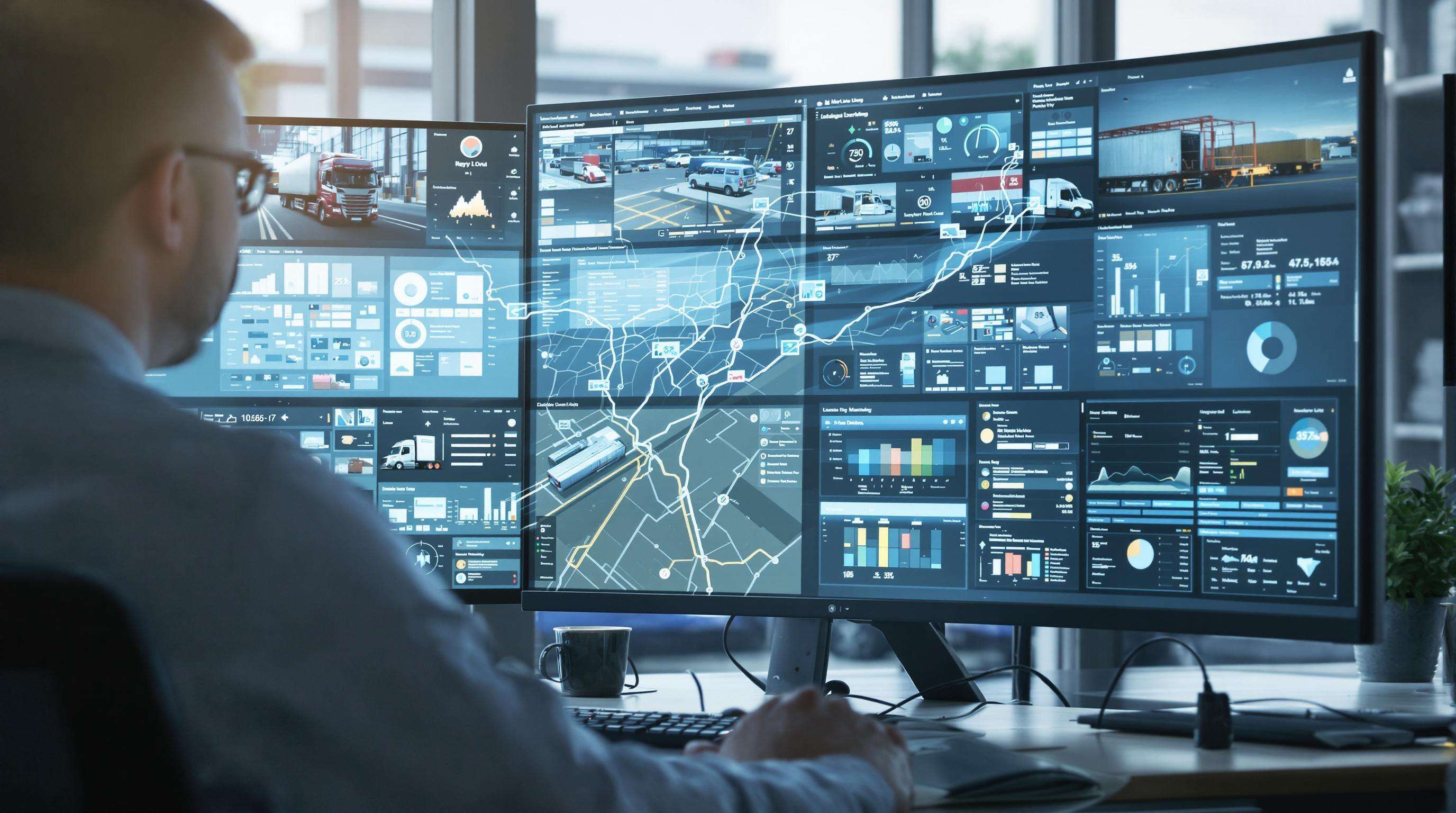 Analyst using AI software to optimize shipping routes and inventory planning with visual maps and data dashboards