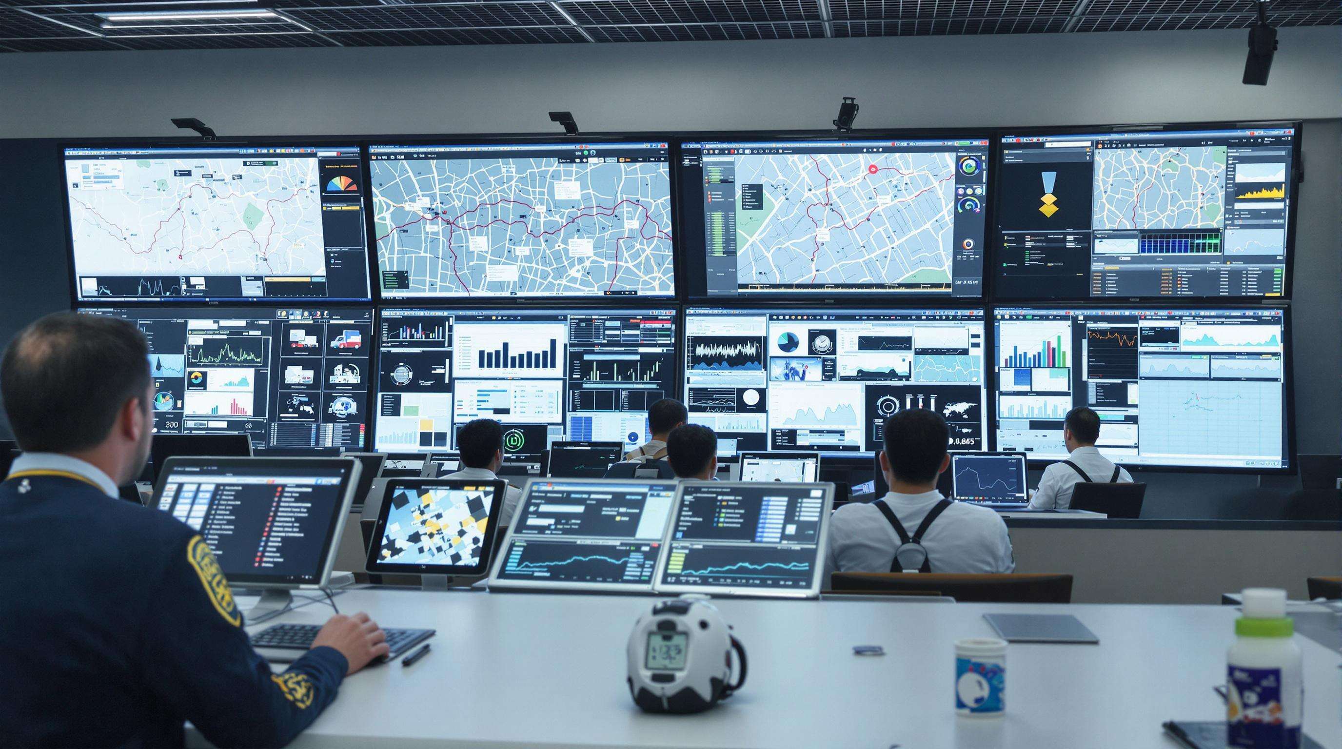 Logistics professionals monitor AI-driven data and analytics on large screens in a modern control room.