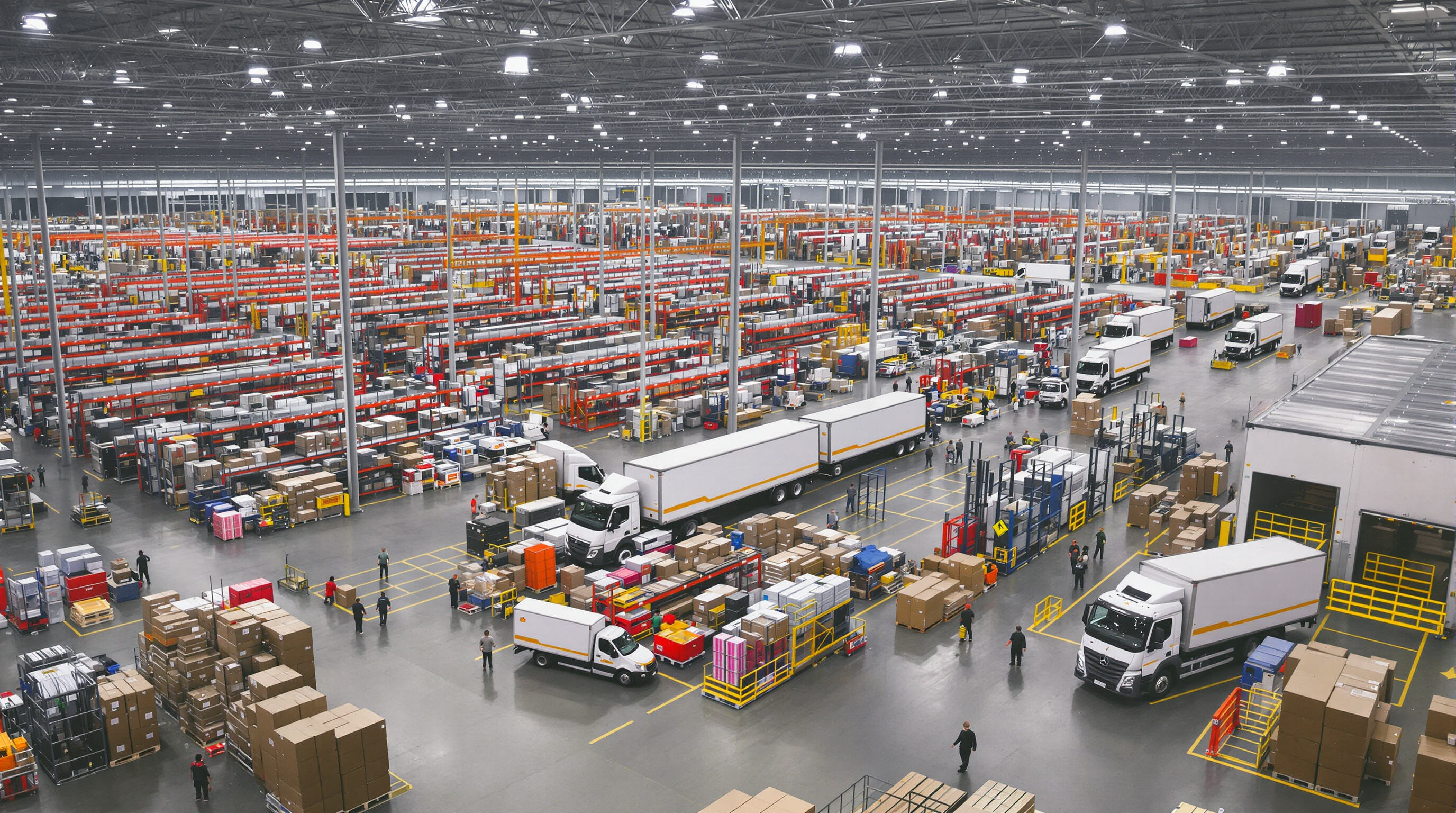 A bustling logistics warehouse during peak season with workers, shelves, and several delivery trucks