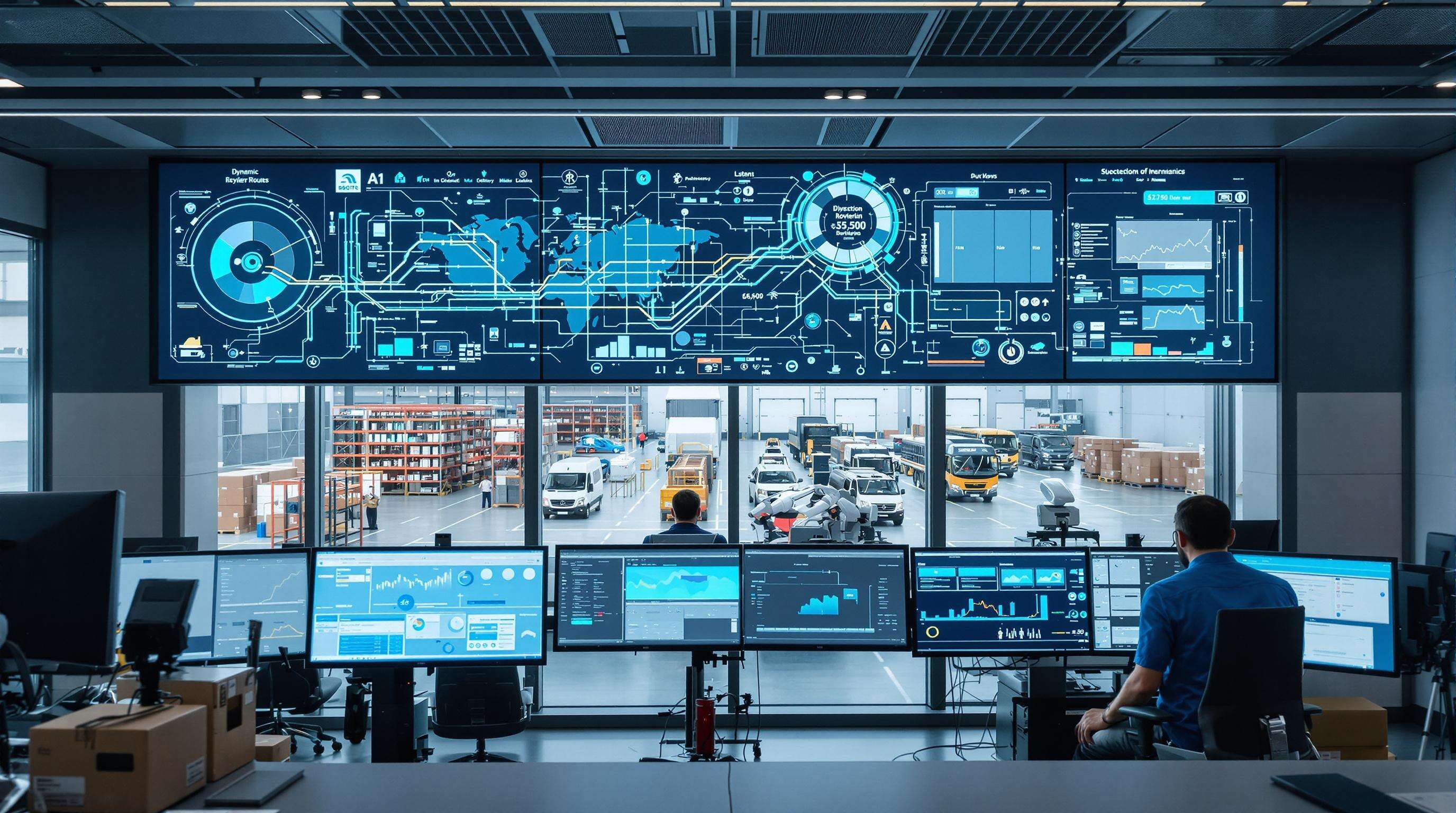 Modern logistics control room with digital route maps, staff monitoring AI systems, and autonomous delivery vehicles and robots visible outside